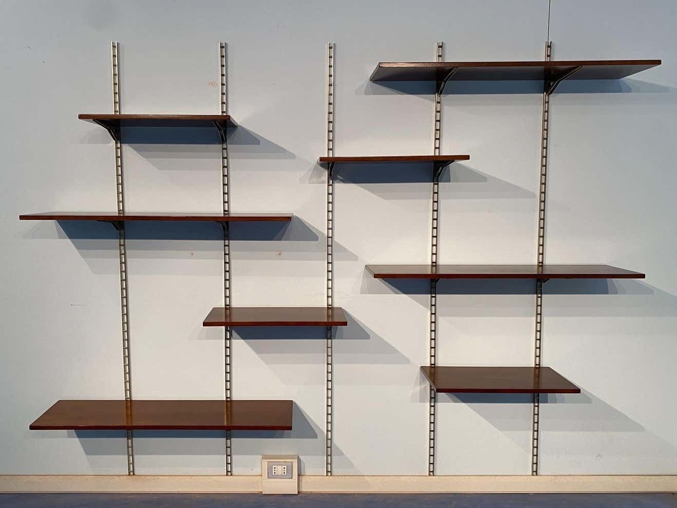 Italian Mid Century Suspended Wall Unit Boockase In Walnut And Gilded Metal 1960 photo for sale