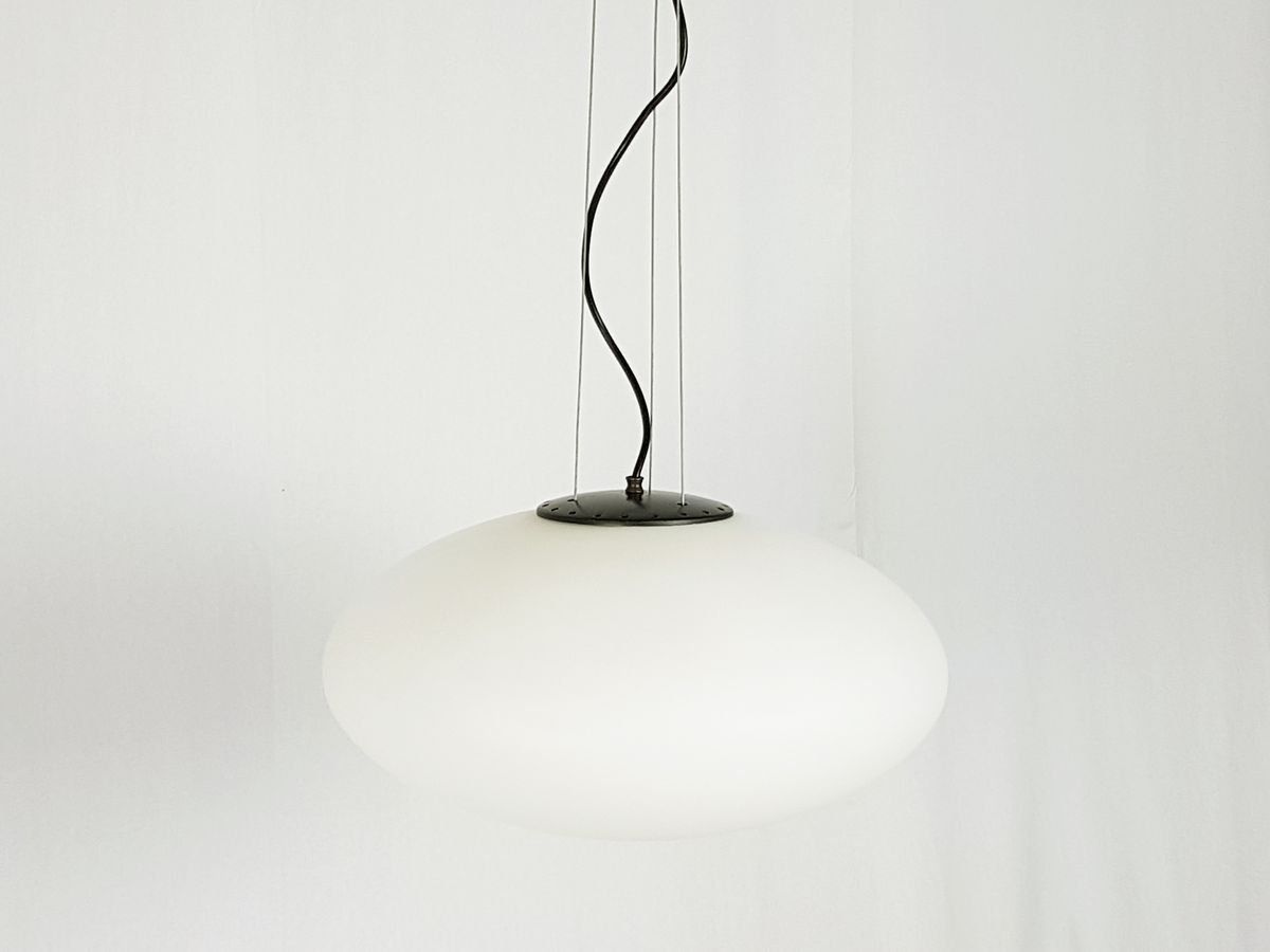 Mid Century Italian Opaline Glass, Brass, And Black Metal Pendant photo buy