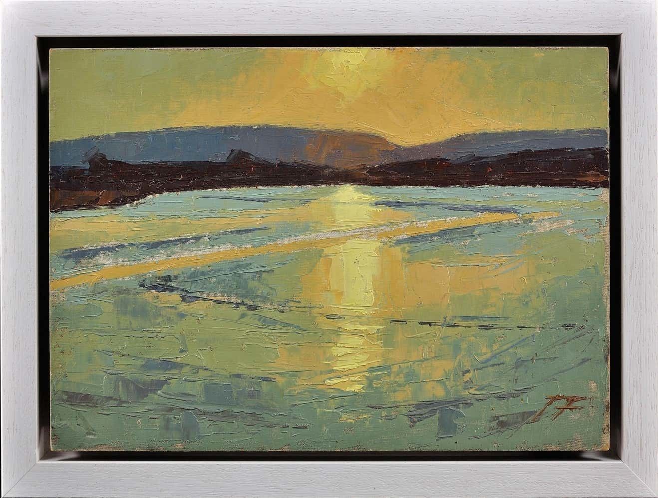 James Fry 1911 To 1985. English. Poole Harbour With The Purbeck Hills Beyond, Dorset Landscape. Framed Impasto Oil Painting Circa 1950.
