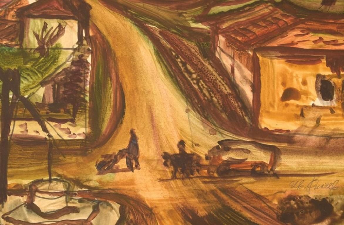 Unknown Hungarian Artist, Watercolor On Paper, Modernist Town Landscape, 1960s photo for sale