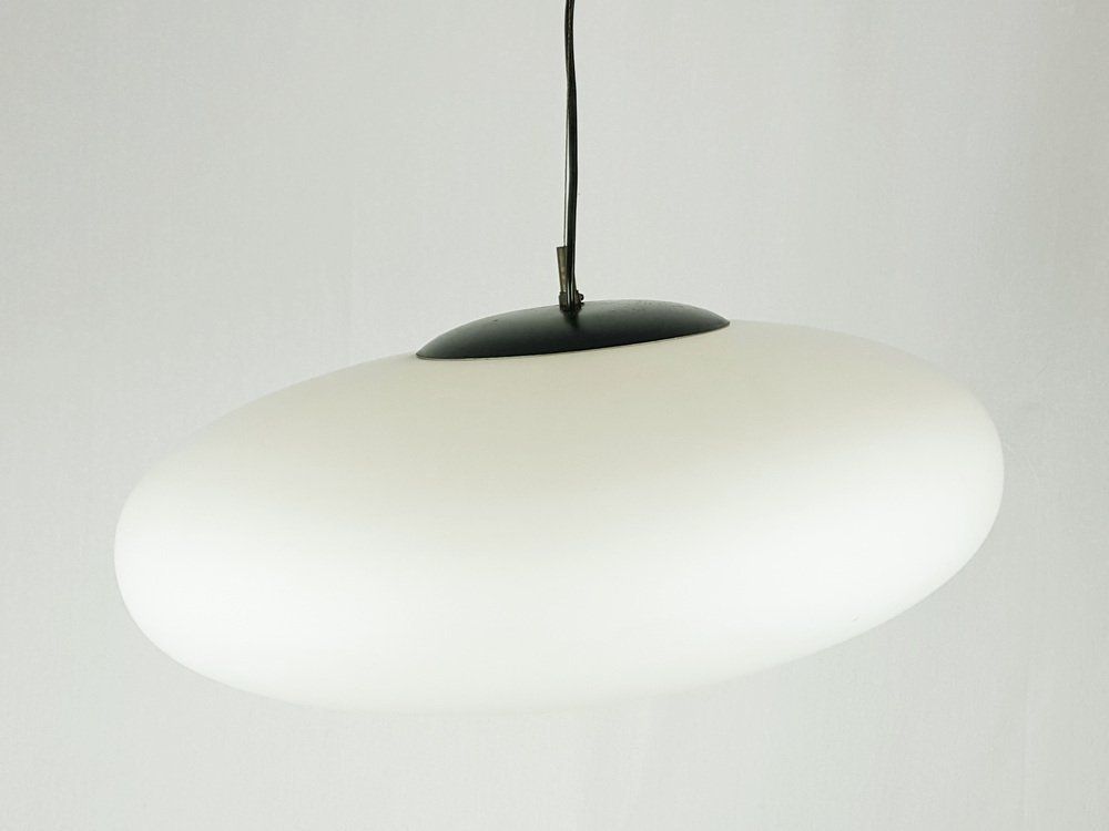 Italian White Opaline Glass, Brass And Black Metal Pendant Lamp Attributed To Stilnovo, 1960s photo Lighting