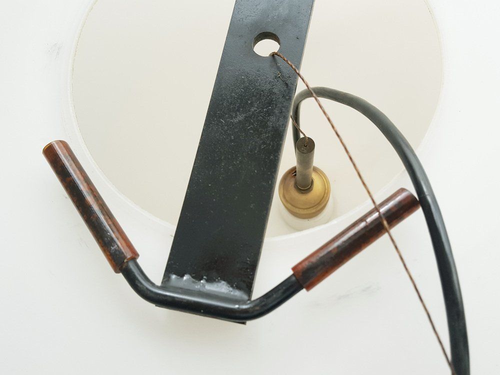 Italian White Opaline Glass, Brass And Black Metal Pendant Lamp Attributed To Stilnovo, 1960s photo buy
