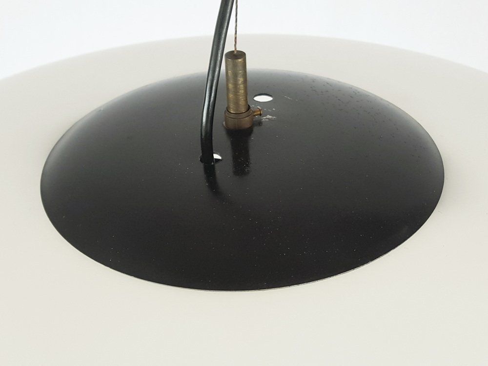 Italian White Opaline Glass, Brass And Black Metal Pendant Lamp Attributed To Stilnovo, 1960s photo vintage