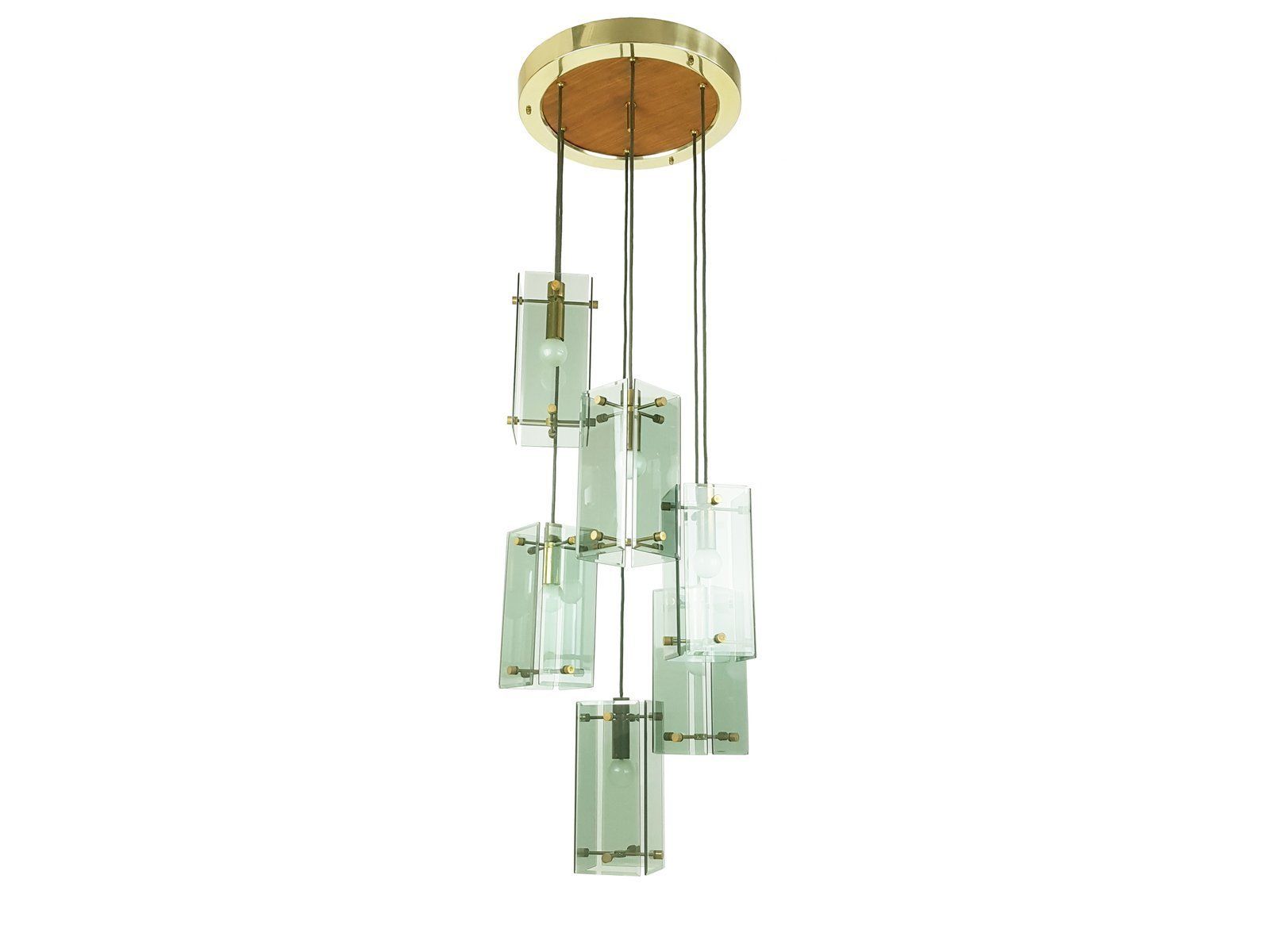 Italian Teak Pendant Lamp In Golden Aluminum And Smoked Glass, 1960s
