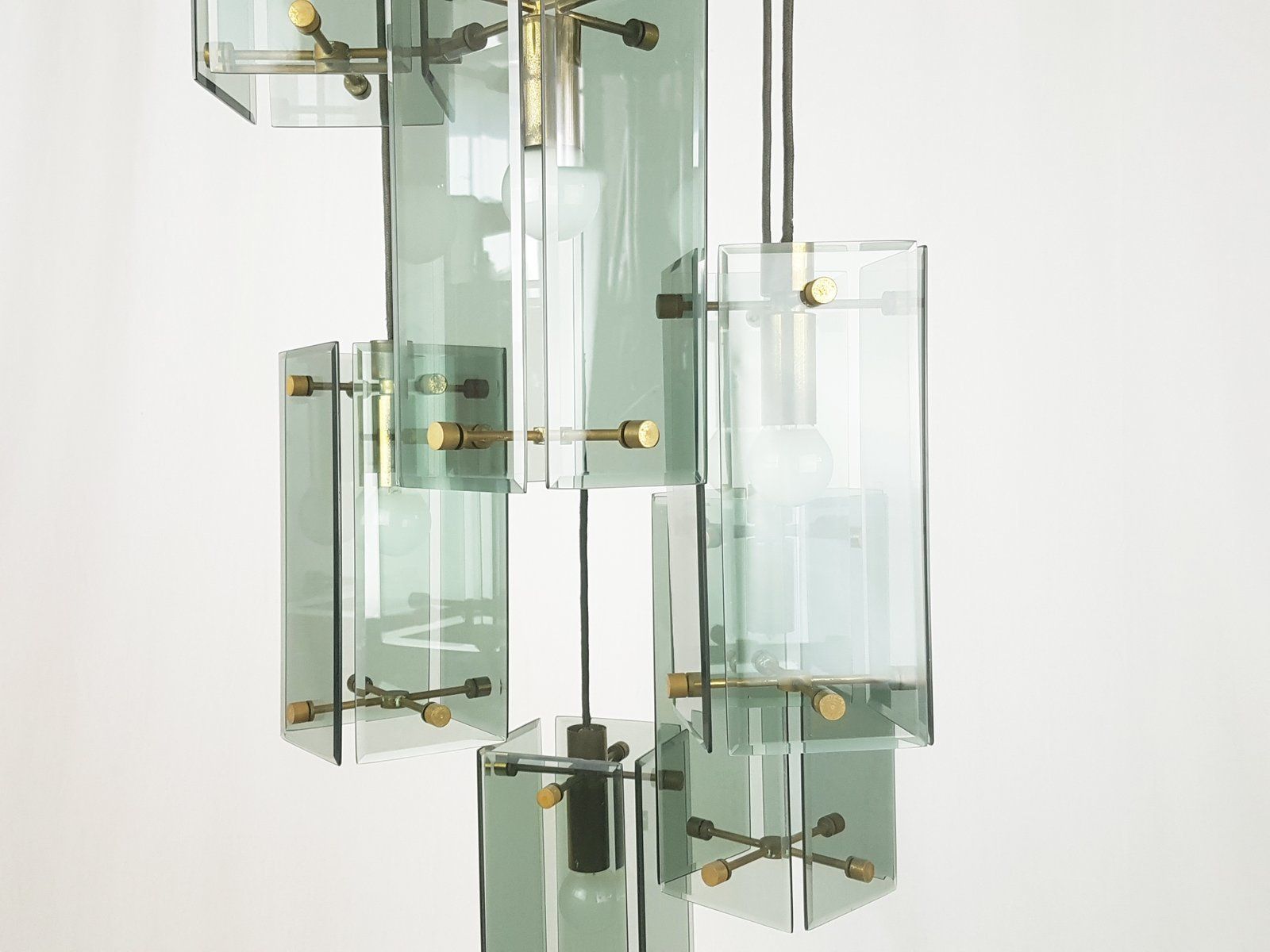 Italian Teak Pendant Lamp In Golden Aluminum And Smoked Glass, 1960s photo for sale