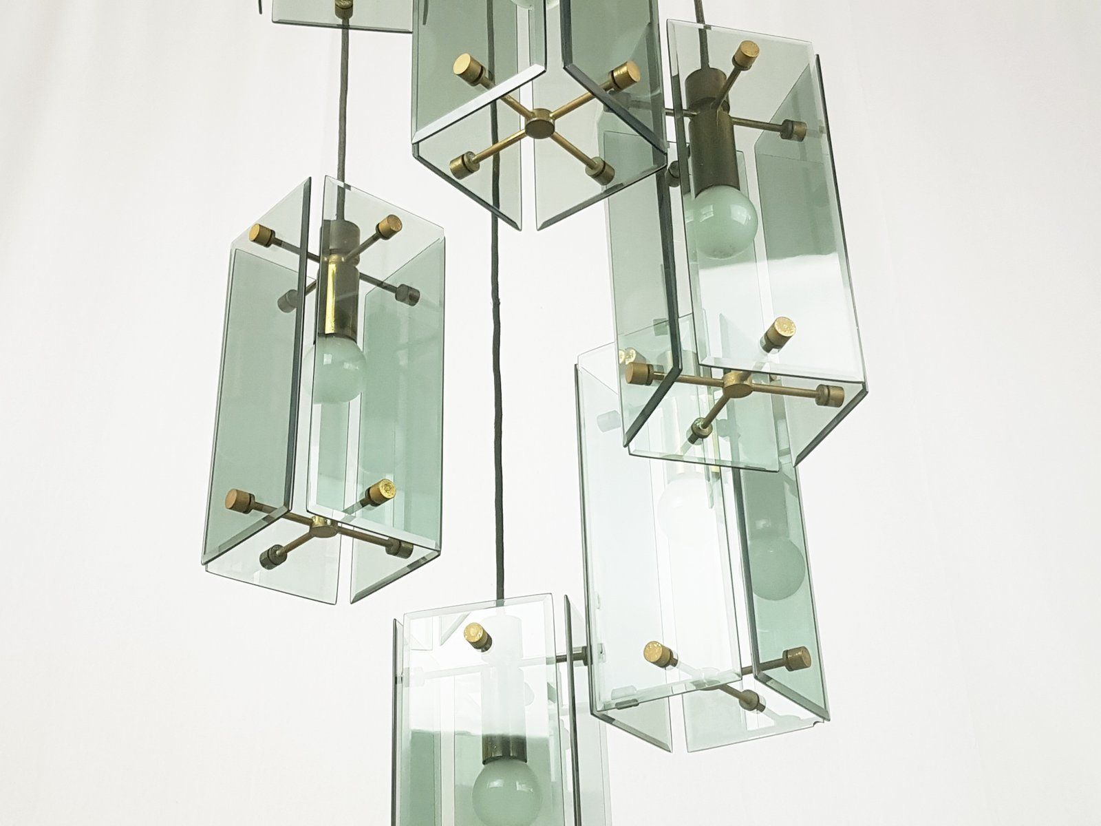 Italian Teak Pendant Lamp In Golden Aluminum And Smoked Glass, 1960s photo Lighting