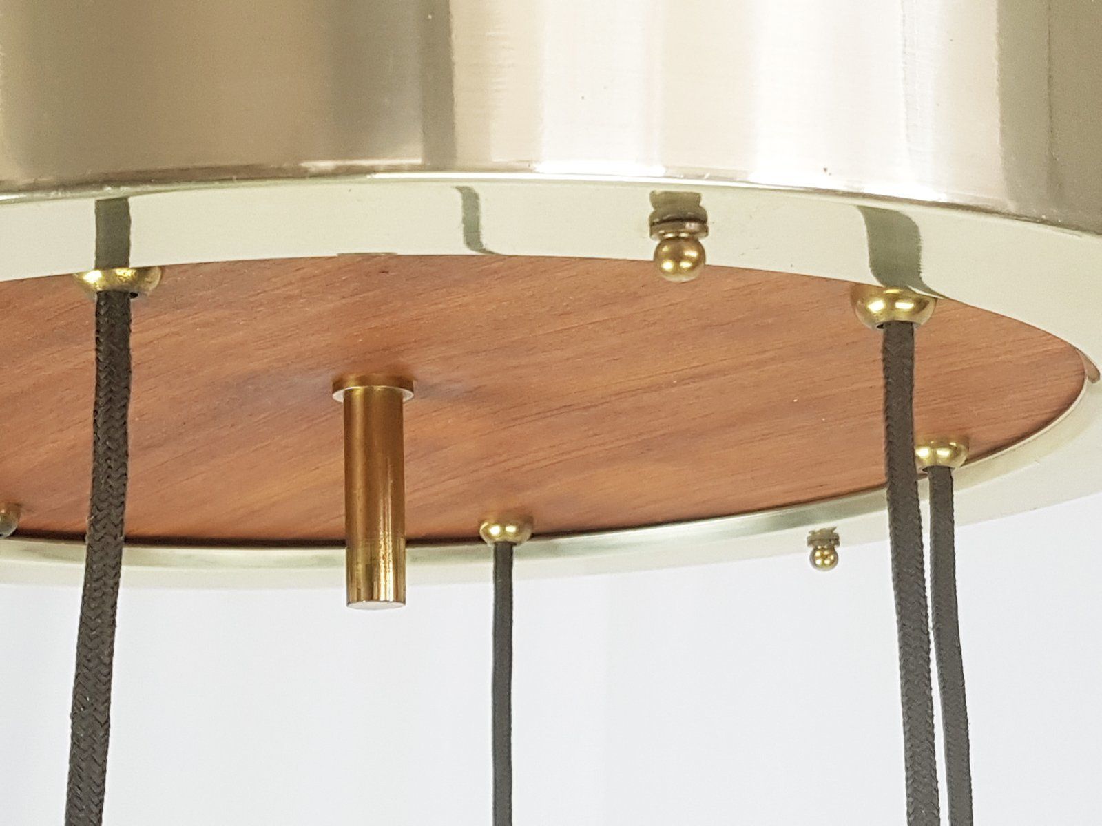 Italian Teak Pendant Lamp In Golden Aluminum And Smoked Glass, 1960s photo vinterior