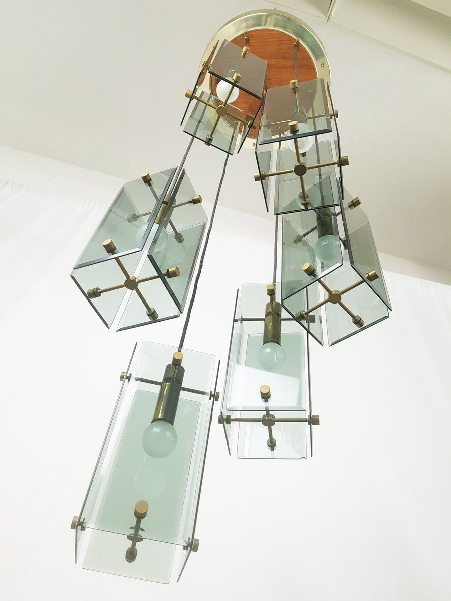 Italian Teak Pendant Lamp In Golden Aluminum And Smoked Glass, 1960s photo buy