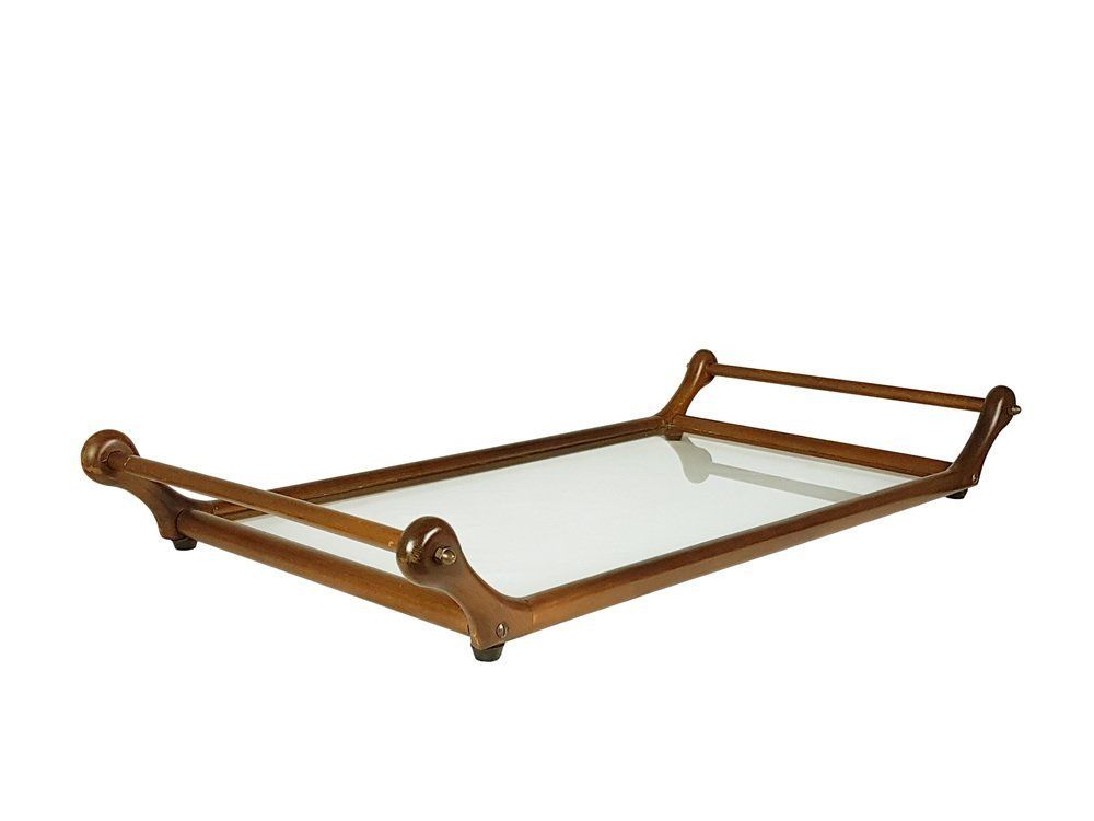 Italian Glass, Brass & Wood Serving Tray, 1960s