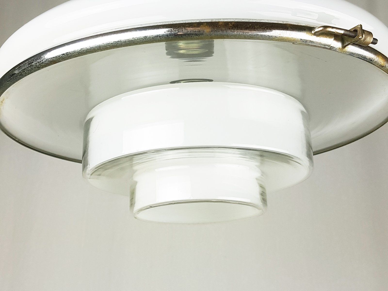 Small Chrome Plated & Opaline Glass Pendant Lamp By Otto Müller For Sistrah Licht Gmbh, 1920s photo for sale