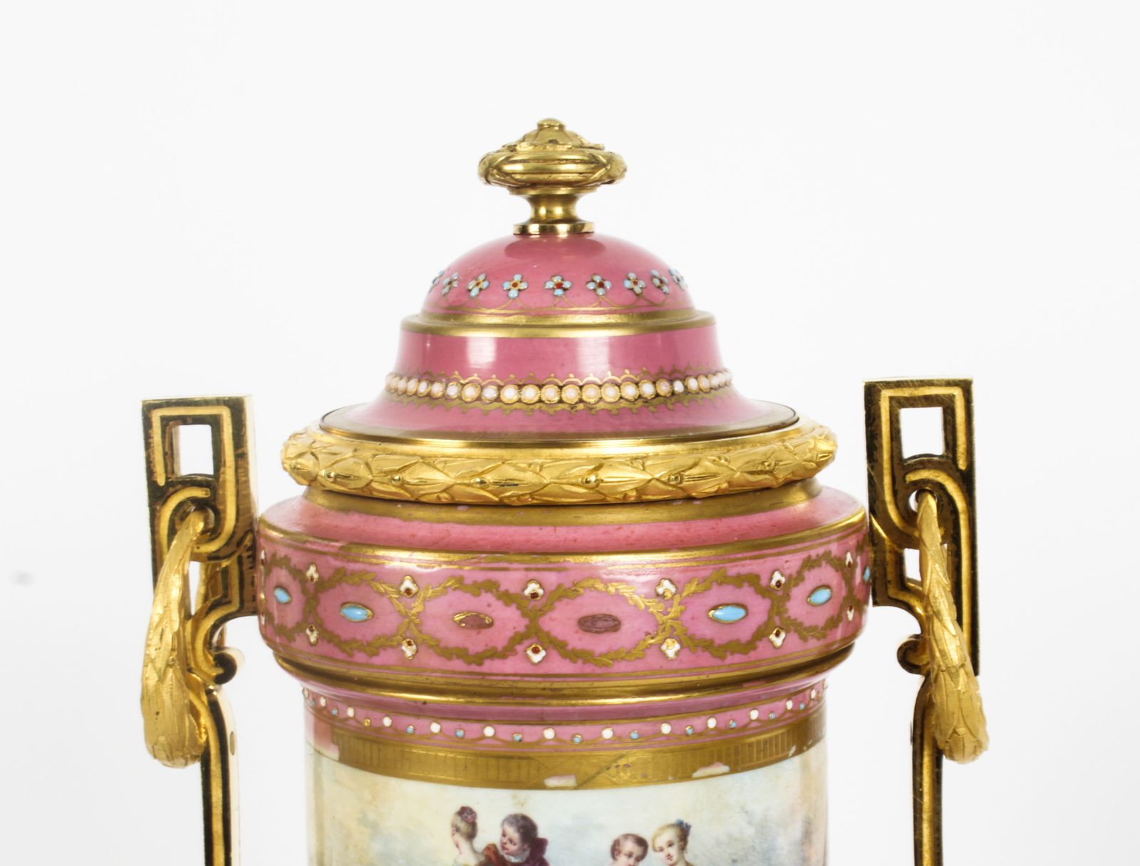 Antique Pair French Ormolu Mounted Pink Sevres Lidded Vases 19th C photo Home Decor