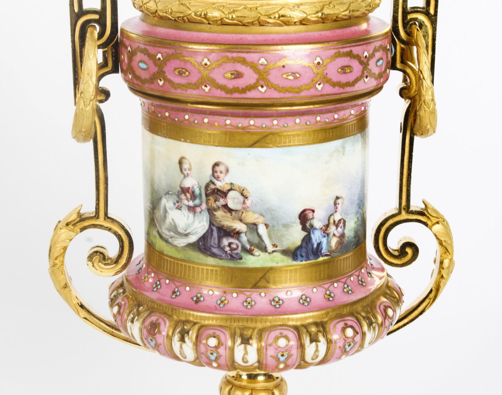 photo vinterior Antique Pair French Ormolu Mounted Pink Sevres Lidded Vases 19th C