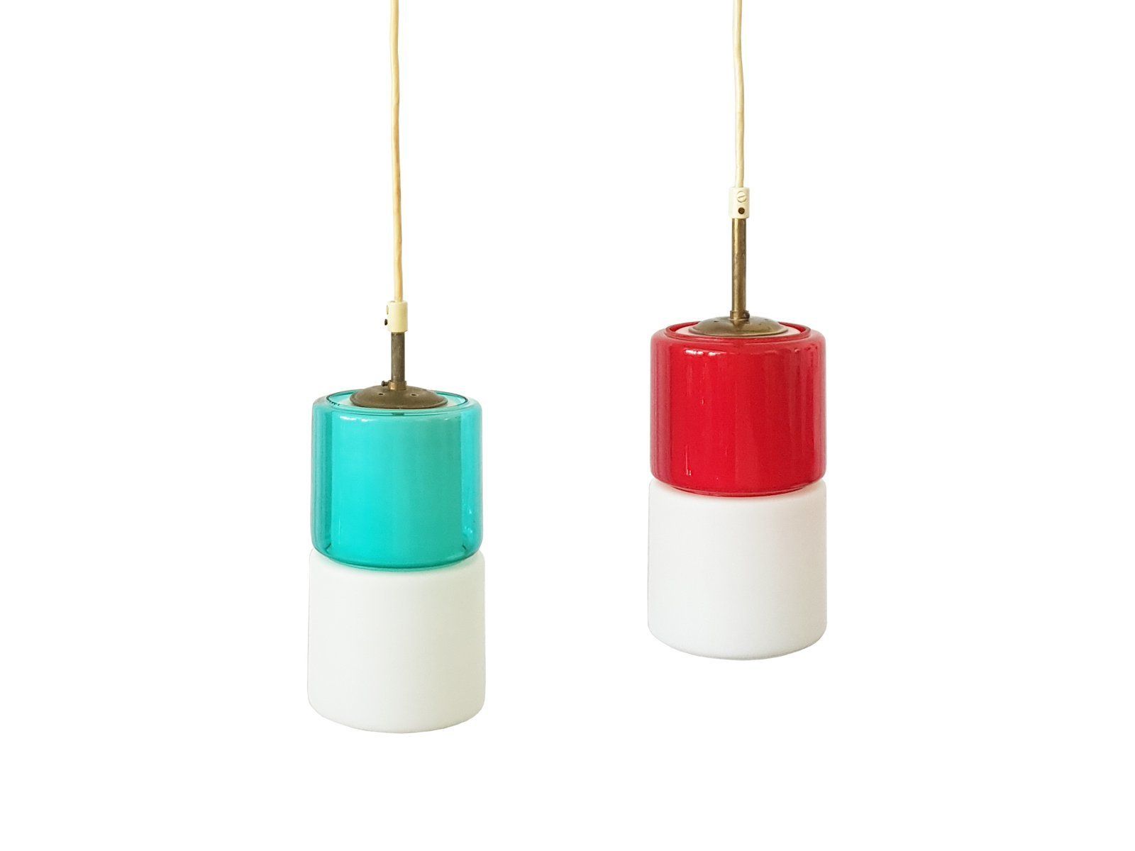 Brass & White, Azure And Red Glass Shades Pendant Lamps 1950s Set Of 2 photo furniture