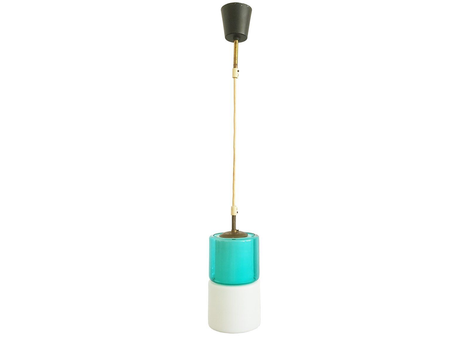 Brass & White, Azure And Red Glass Shades Pendant Lamps 1950s Set Of 2 photo for sale