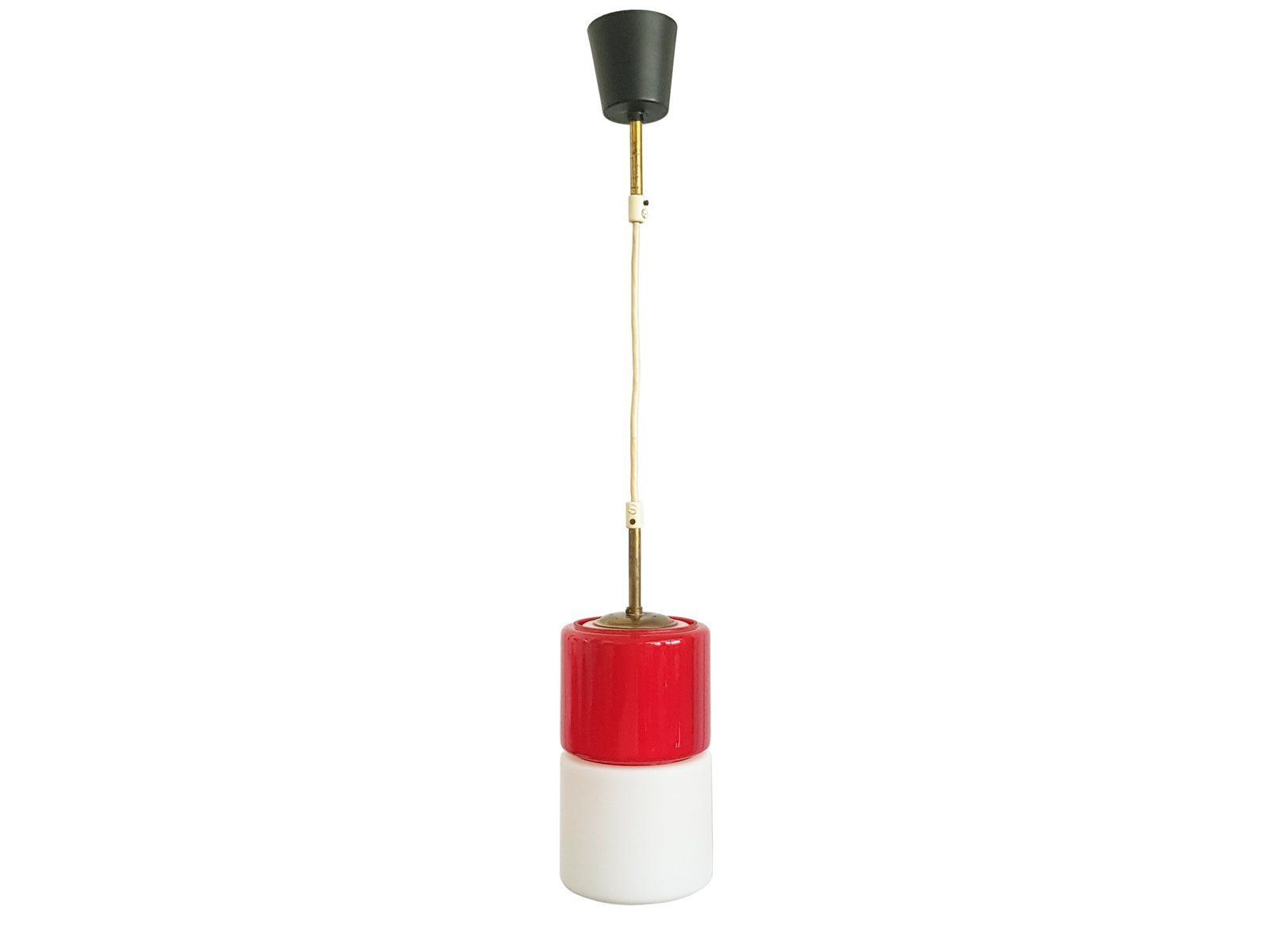 Brass & White, Azure And Red Glass Shades Pendant Lamps 1950s Set Of 2 photo Lighting
