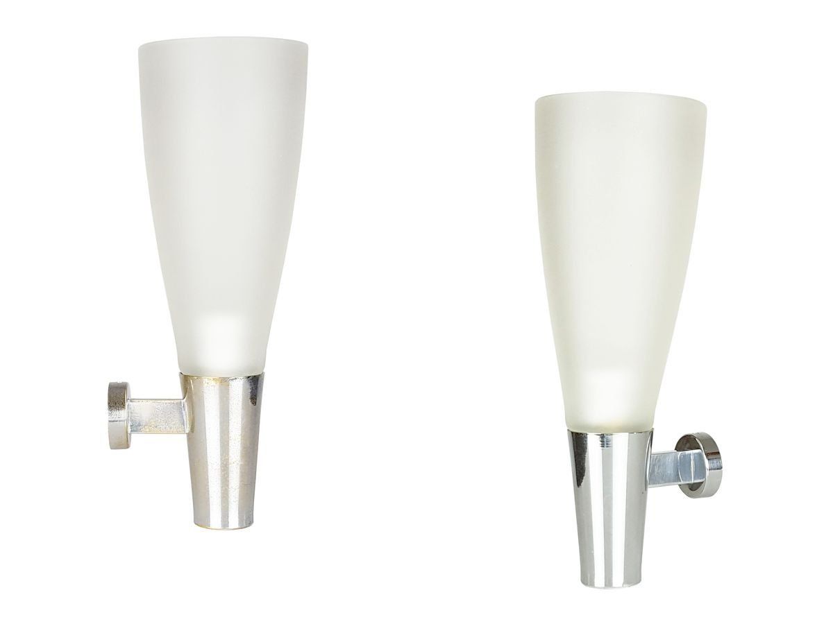Mid Century Modern Frosted Glass & Chrome Plated Metal Sconces By Pietro Chiesa For Fontana Arte