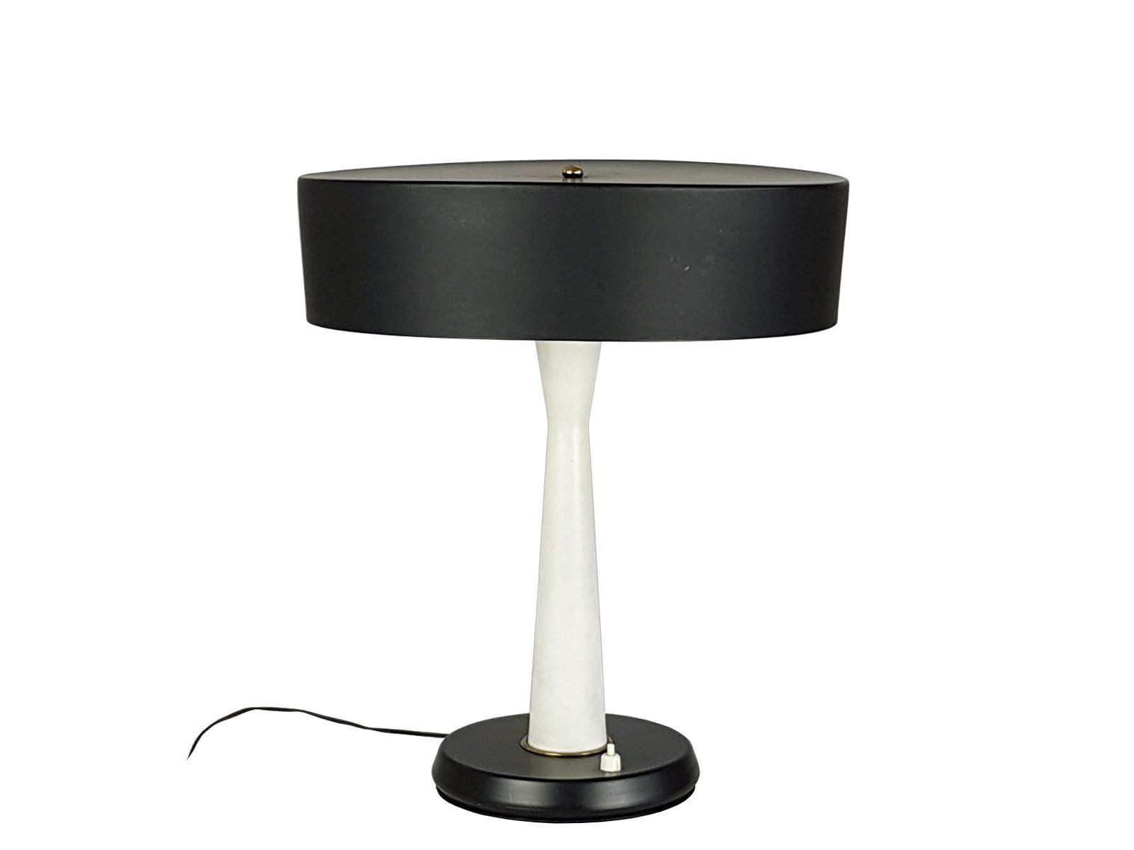 Mid Century Italian Black & White Table Lamp In Metal & Brass