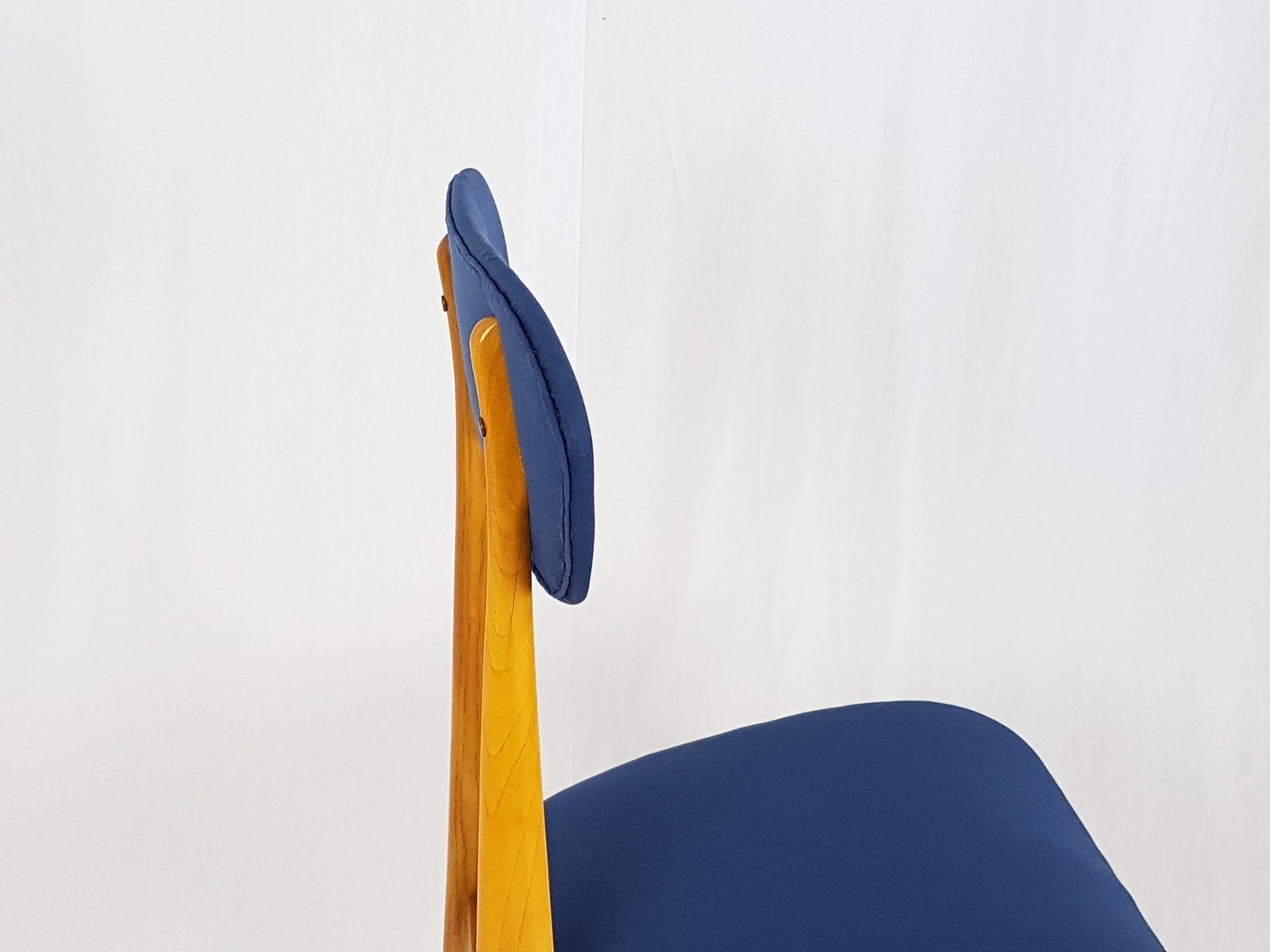 Mid Century Italian Wooden & Blue Fabric Chair photo Furniture