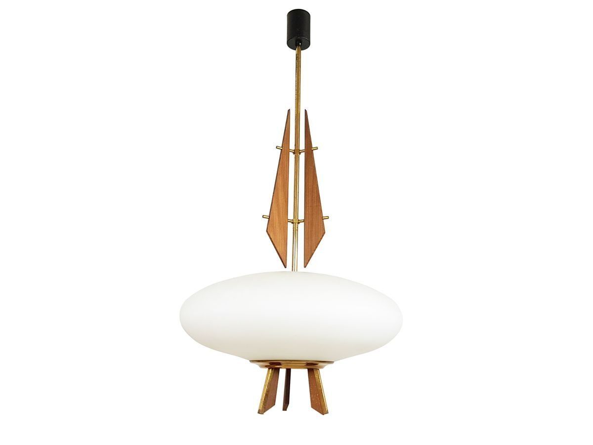 Vintage Italian Teak Brass And Opaline Glass Pendant Lamp  1960s