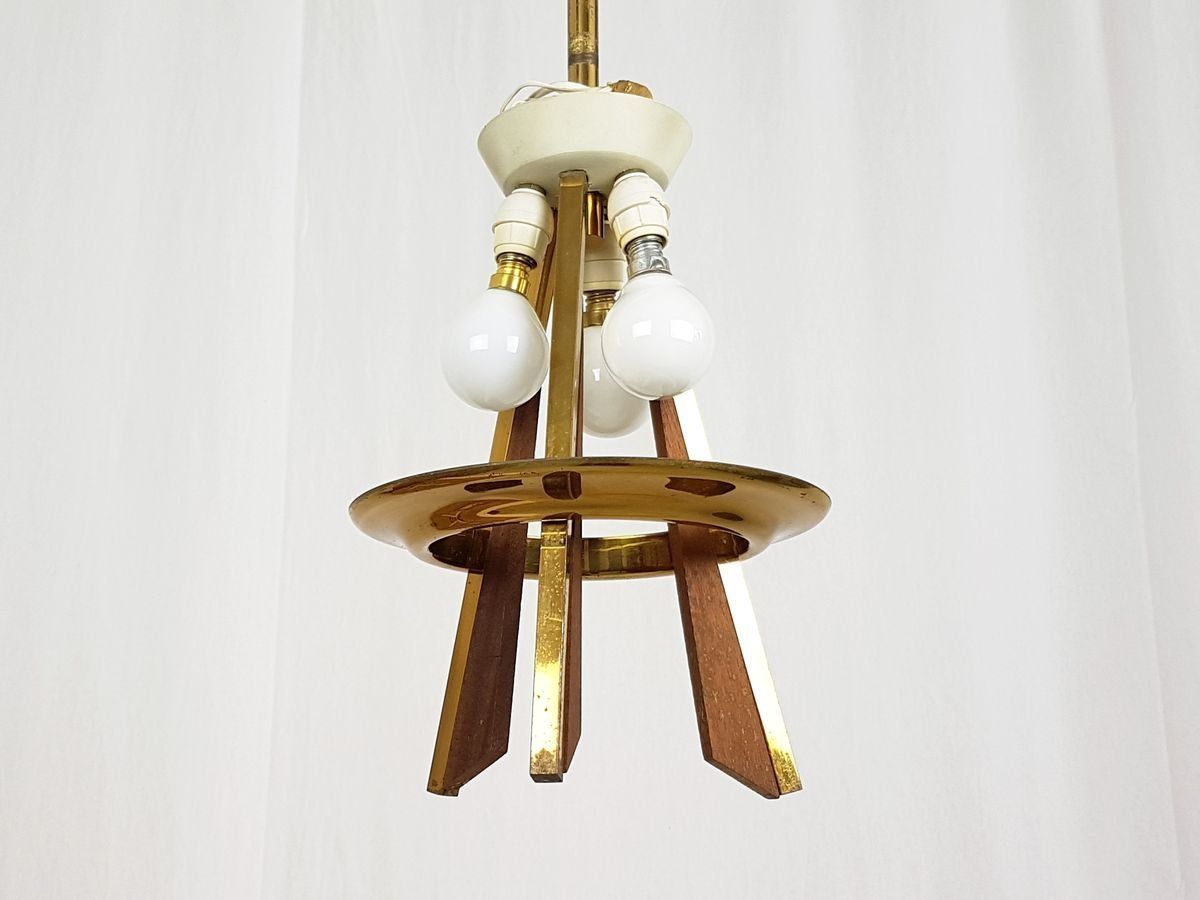 Lighting Vintage Italian Teak Brass And Opaline Glass Pendant Lamp  1960s photo