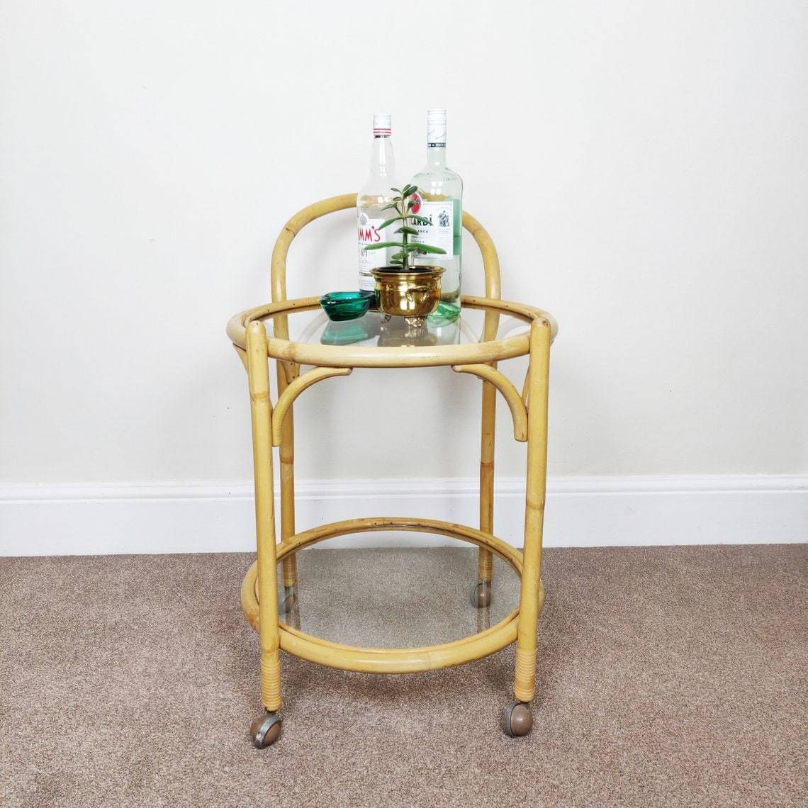 Mid Century Bamboo Drinks Trolley, Boho Vintage Cane Glass Top Bar Cart photo for sale
