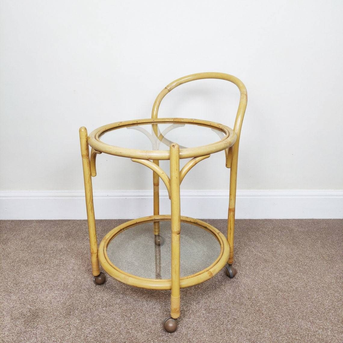 Mid Century Bamboo Drinks Trolley, Boho Vintage Cane Glass Top Bar Cart photo Furniture