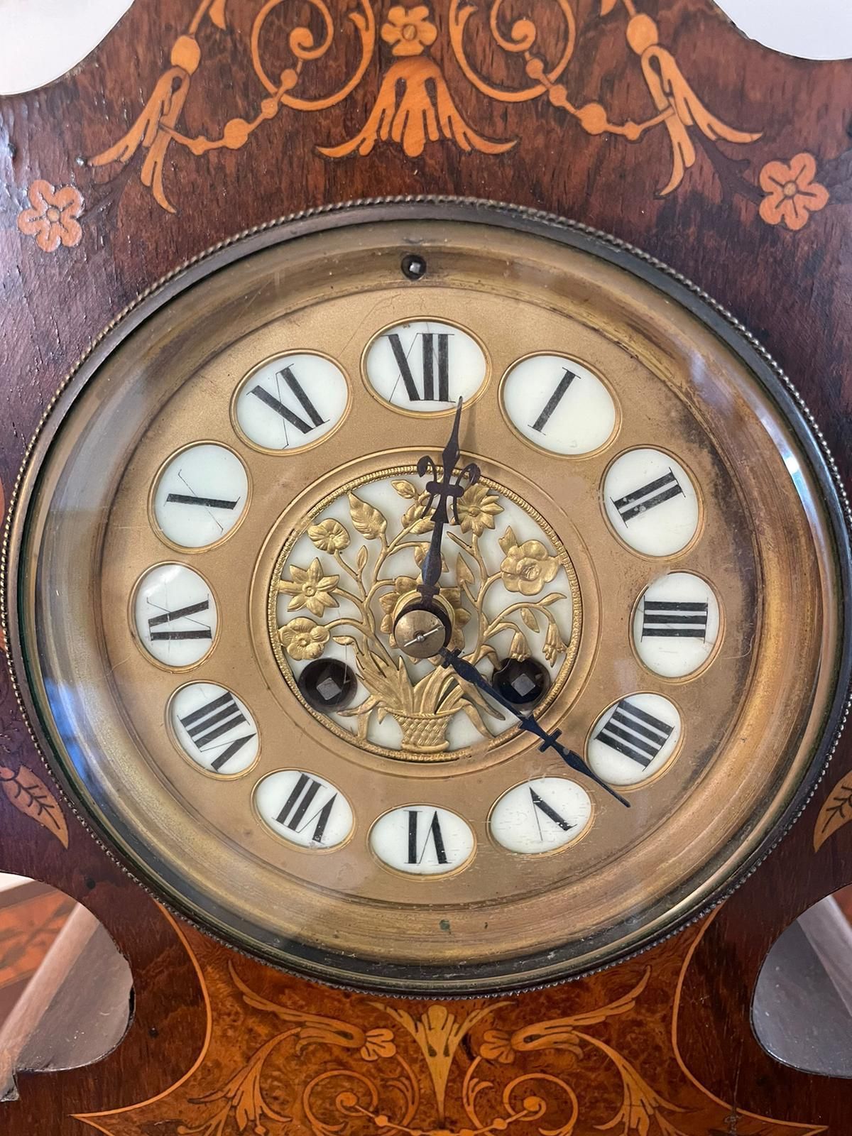 Antique 19th Century French Rosewood Marquetry Inlaid Eight Day Mantel Clock photo for sale