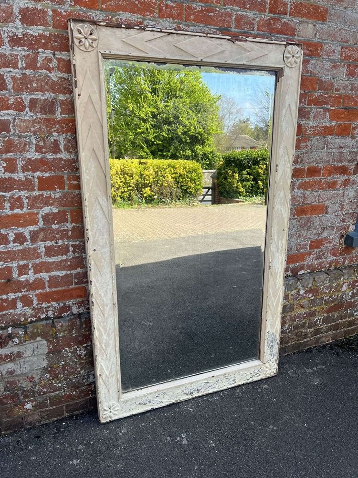 A Fabulous Large Antique Swedish Carved Wood Distressed Painted Mirror