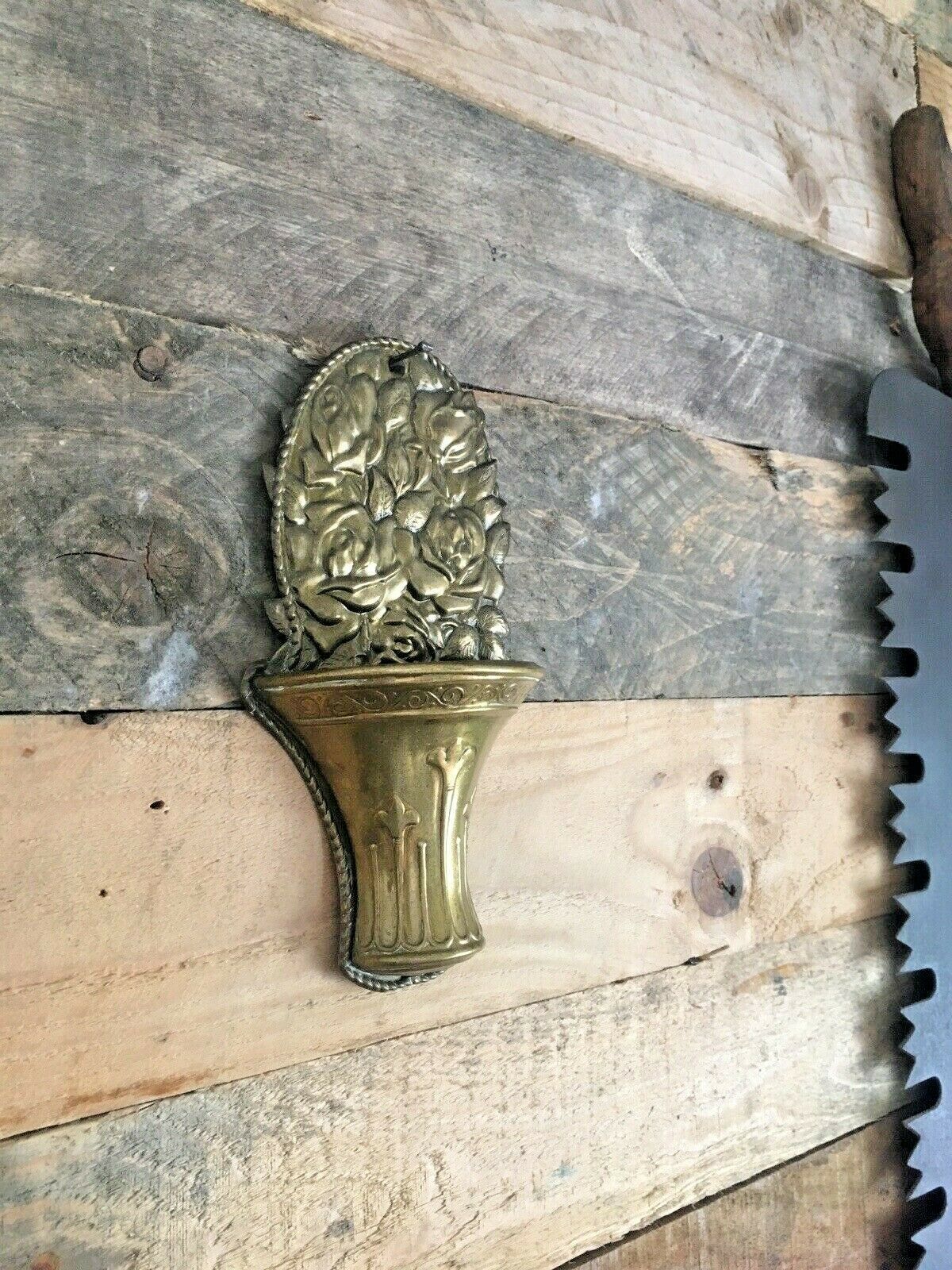 Fine Antique English Brass Repousse Work Wall Pocket Spill Vase Holder Rose 1052 photo furniture