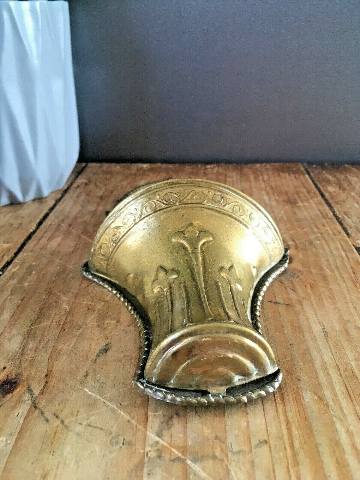 Fine Antique English Brass Repousse Work Wall Pocket Spill Vase Holder Rose 1052 photo vintage