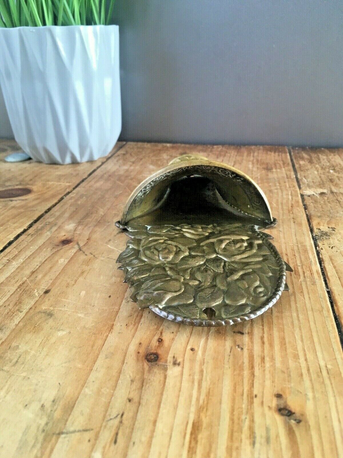 photo for sale Fine Antique English Brass Repousse Work Wall Pocket Spill Vase Holder Rose 1052