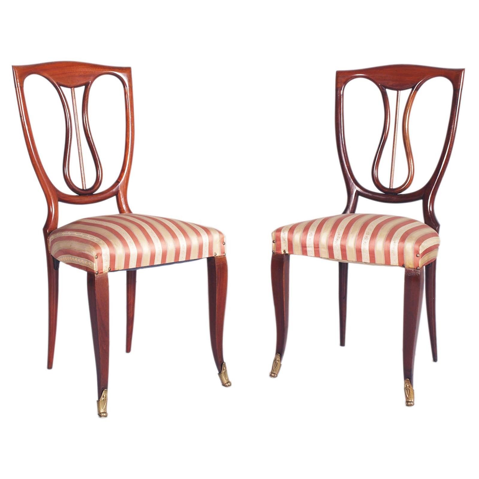 Pair 1940s Side Hall Chairs In Mahogany Melchiorre Bega Attributed, Springs Seat