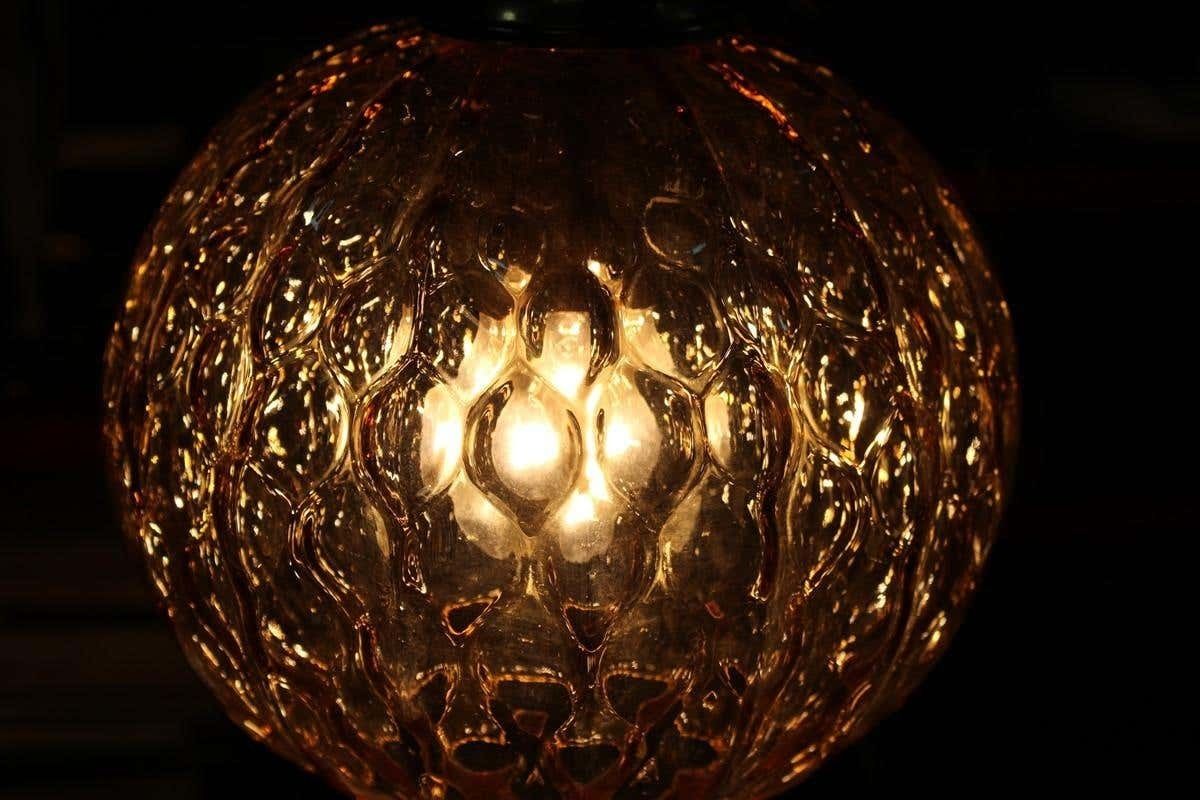 photo vinterior Italian Ceiling Ball Chandelier Venini Yellow Brass Chain, Italy, 1950s
