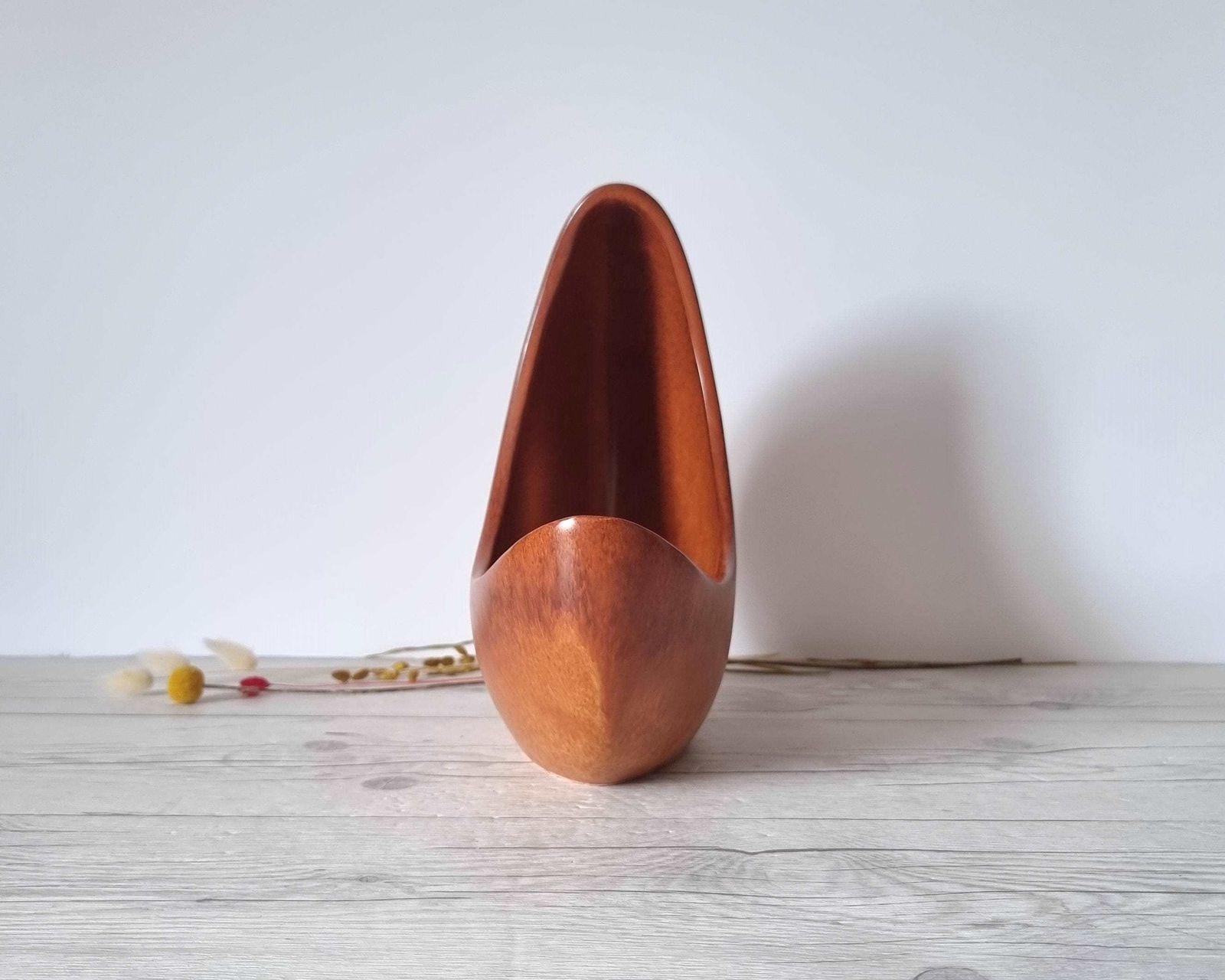 photo for sale Bertoncello, Mottled Tobacco Tan Glaze, Modernist Crescent Moon Sculptural Planter Vase, 60s 80s