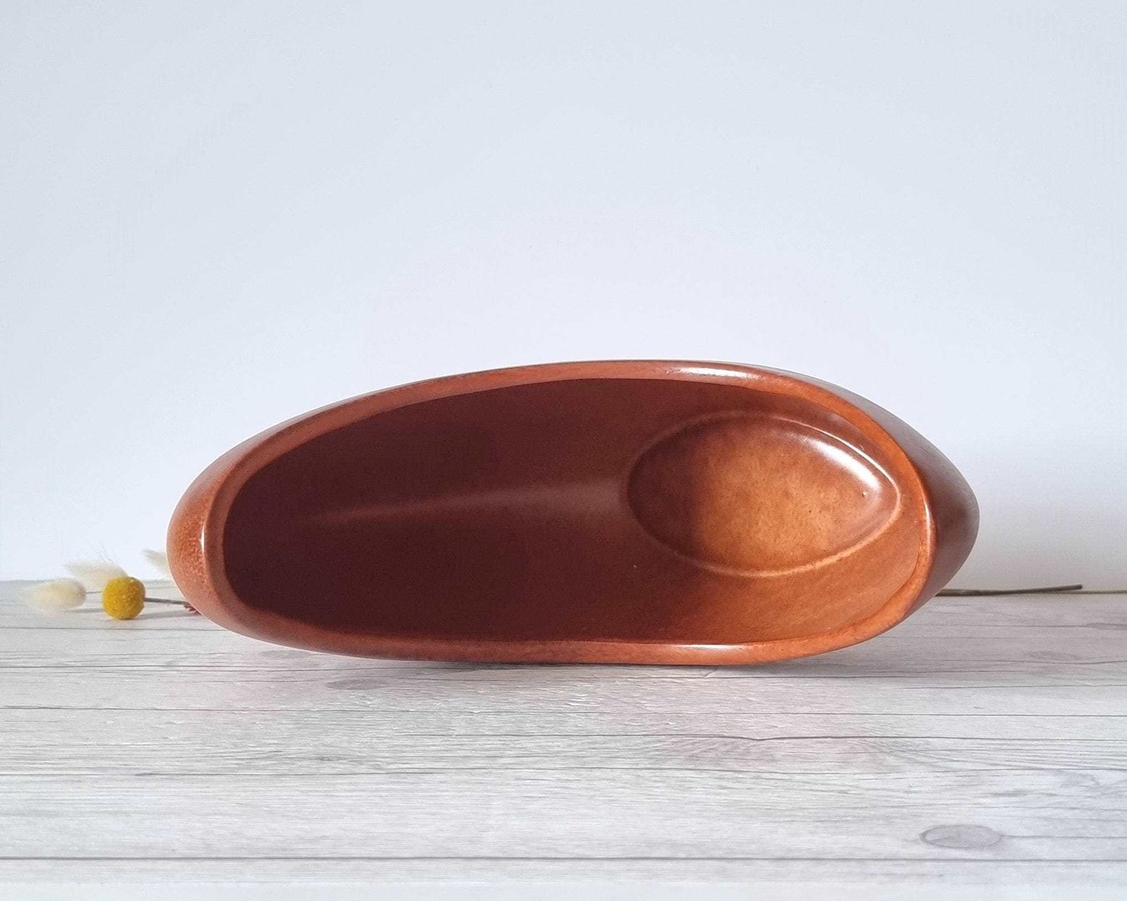 270.0 Bertoncello, Mottled Tobacco Tan Glaze, Modernist Crescent Moon Sculptural Planter Vase, 60s 80s photo