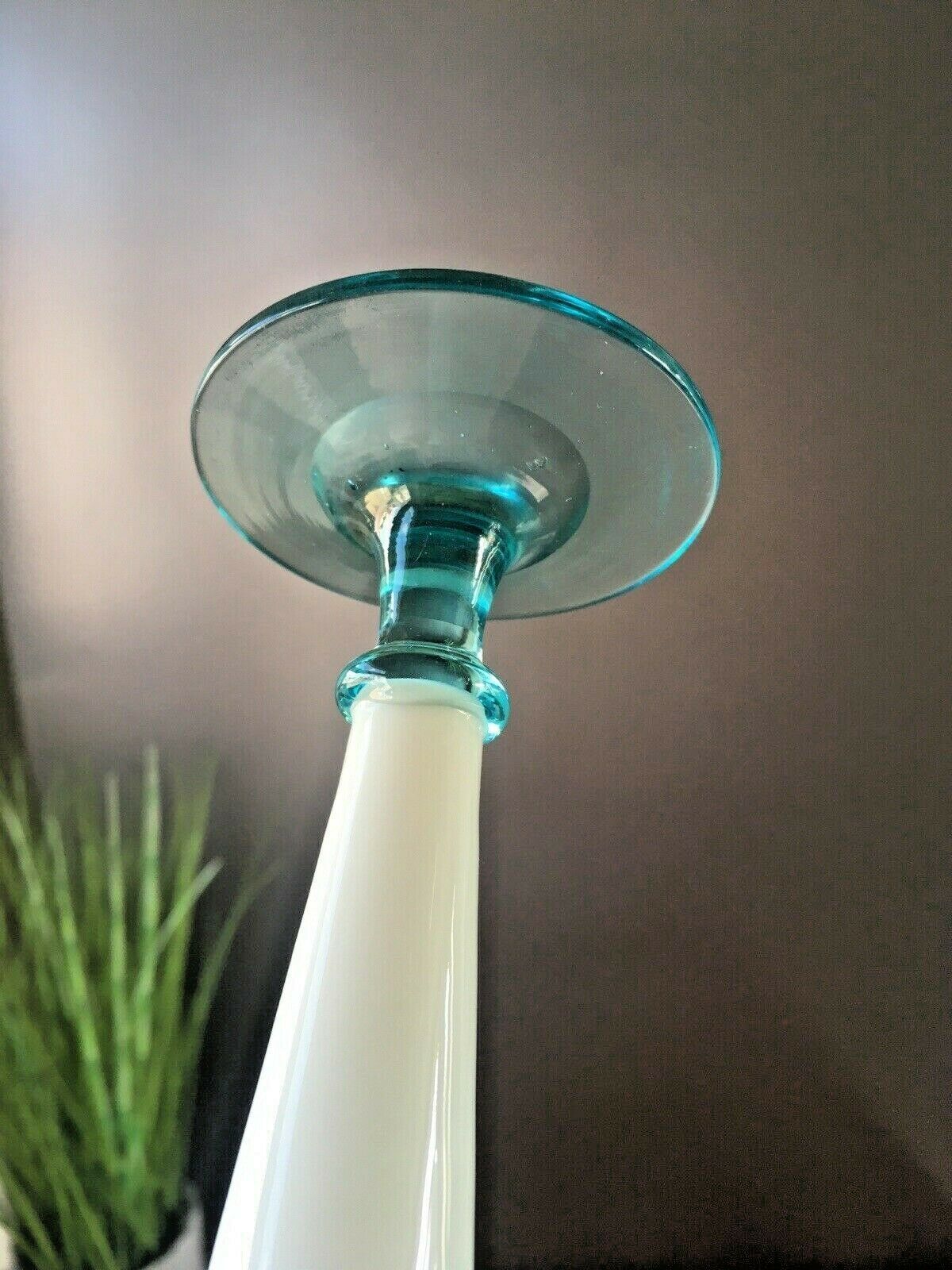 Antique 19th C Victorian Blue Milk Vaseline Glass Opalescent Ruffled Bud Vase photo for sale
