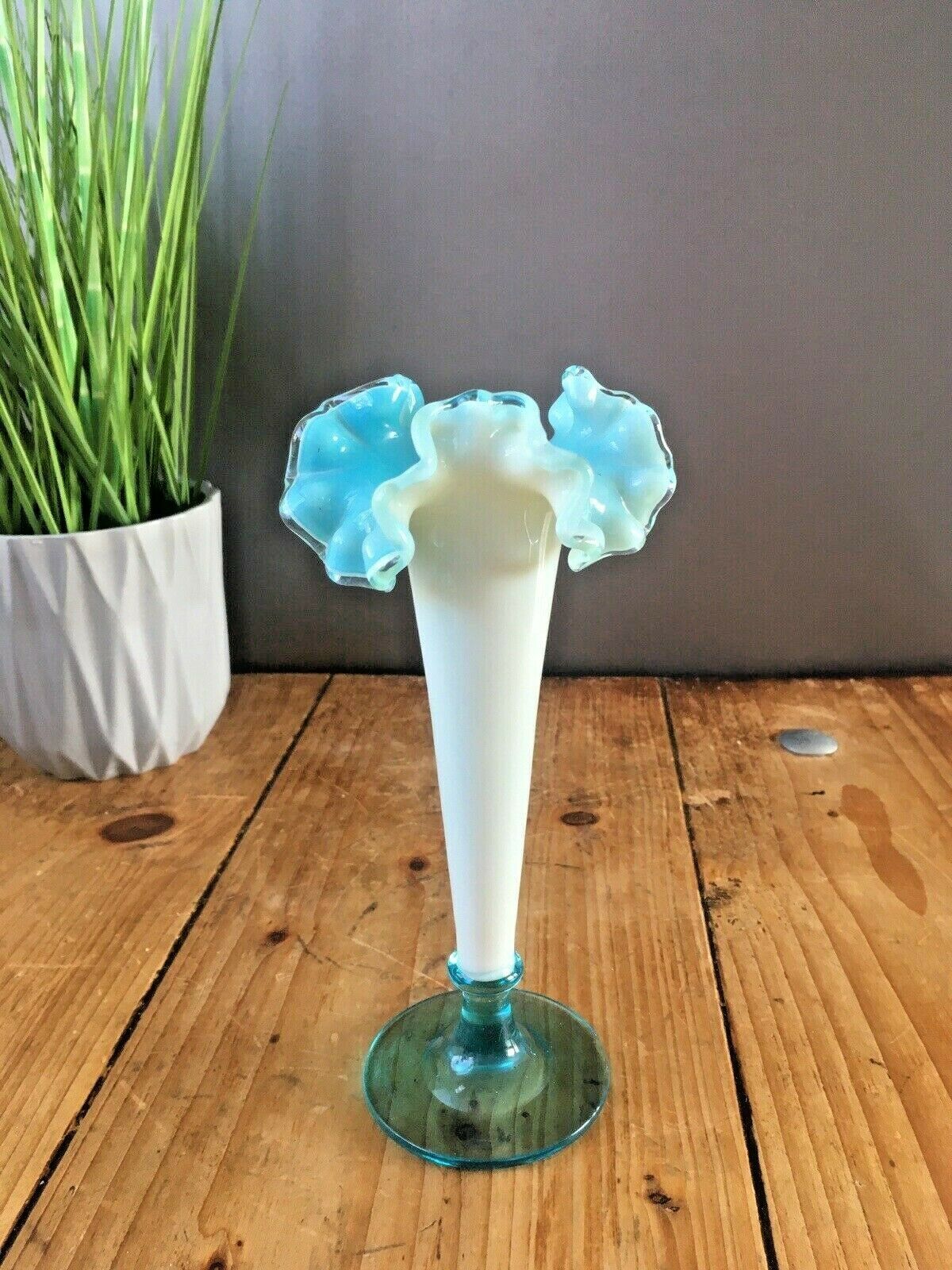 Antique 19th C Victorian Blue Milk Vaseline Glass Opalescent Ruffled Bud Vase photo Home Decor