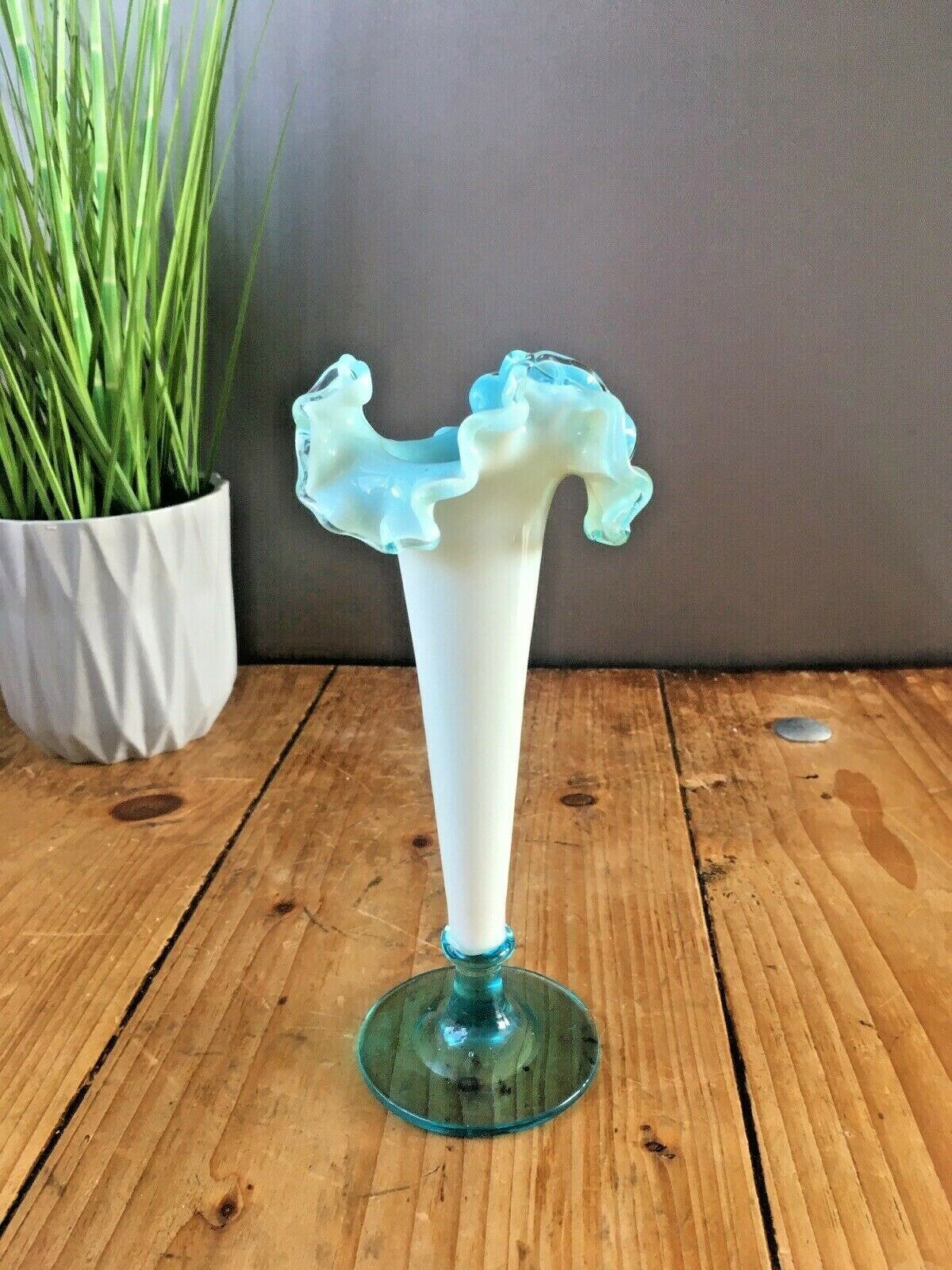 Antique 19th C Victorian Blue Milk Vaseline Glass Opalescent Ruffled Bud Vase photo 65.0