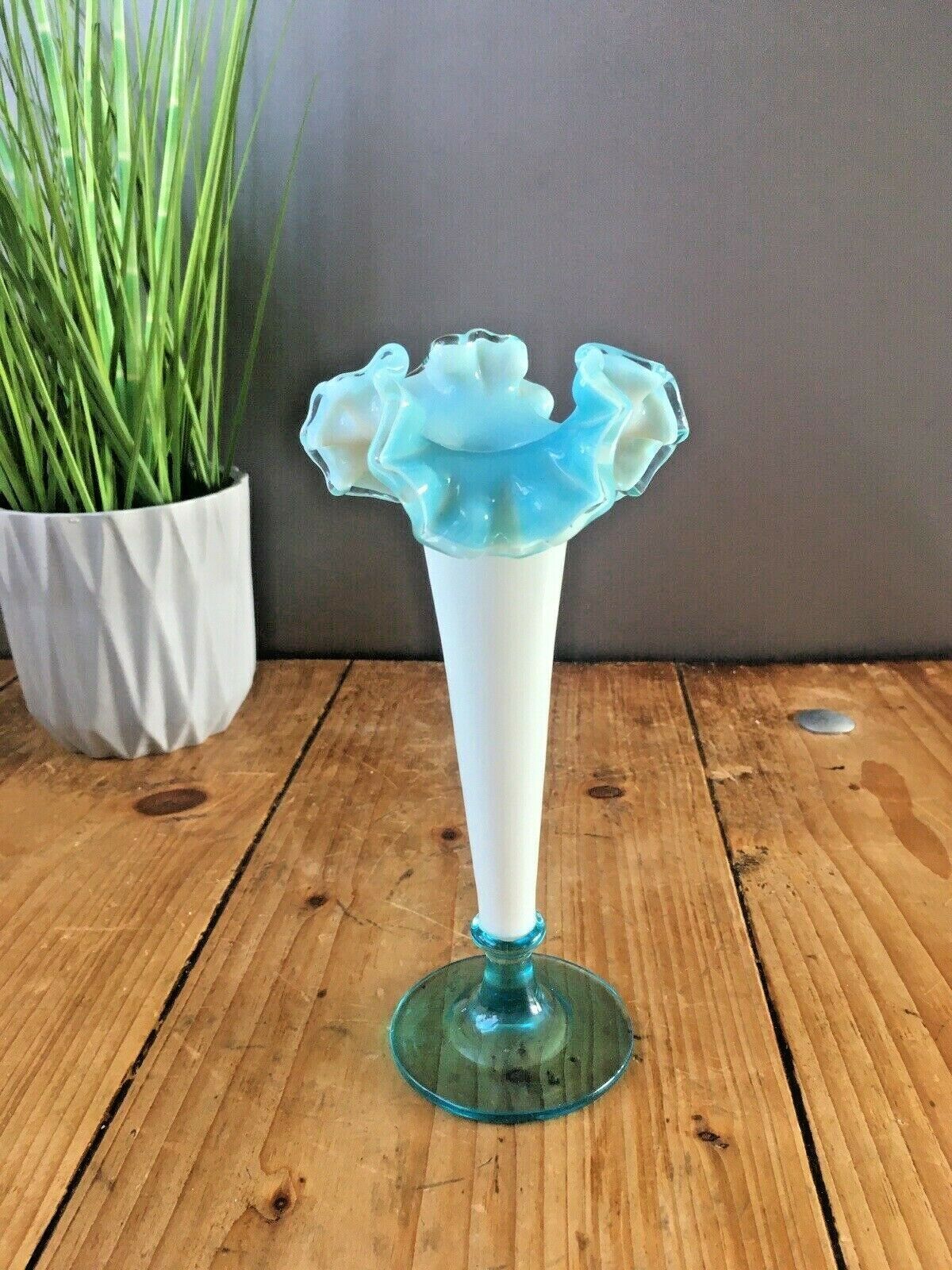 Antique 19th C Victorian Blue Milk Vaseline Glass Opalescent Ruffled Bud Vase photo vinterior
