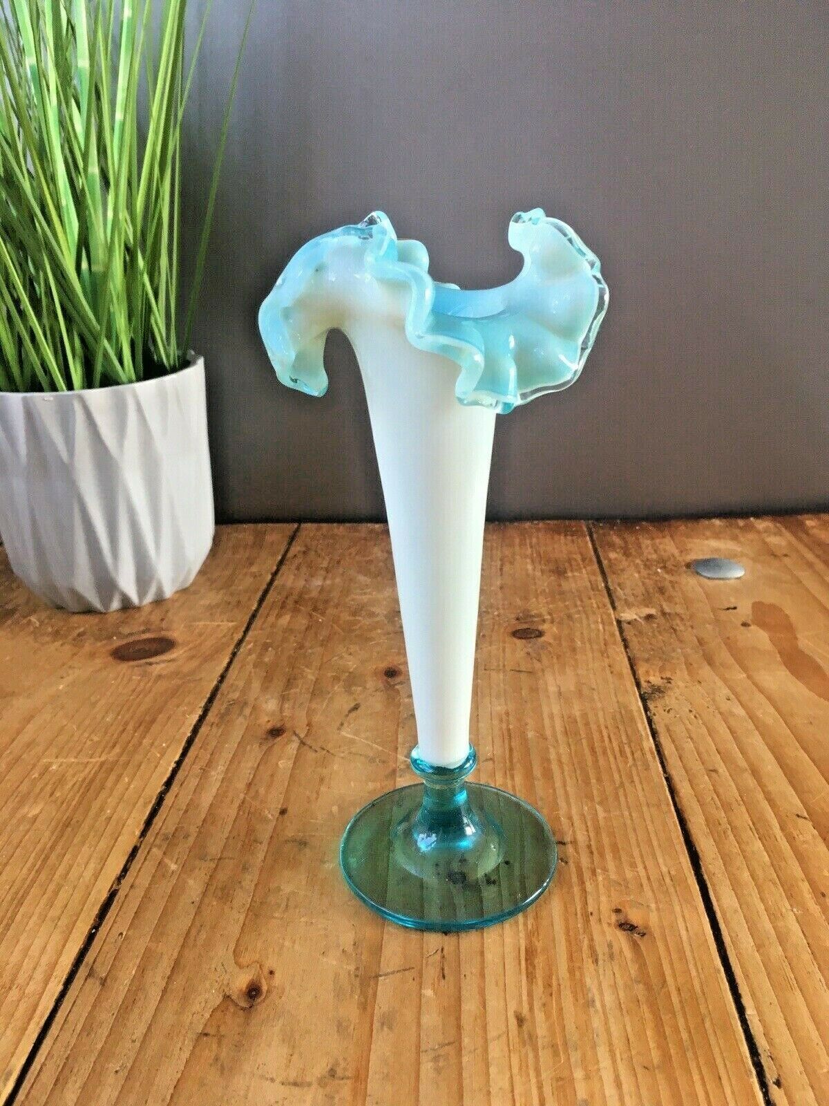 Antique 19th C Victorian Blue Milk Vaseline Glass Opalescent Ruffled Bud Vase photo buy