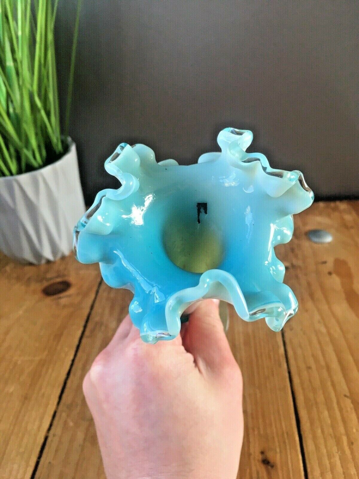 Antique 19th C Victorian Blue Milk Vaseline Glass Opalescent Ruffled Bud Vase photo vintage