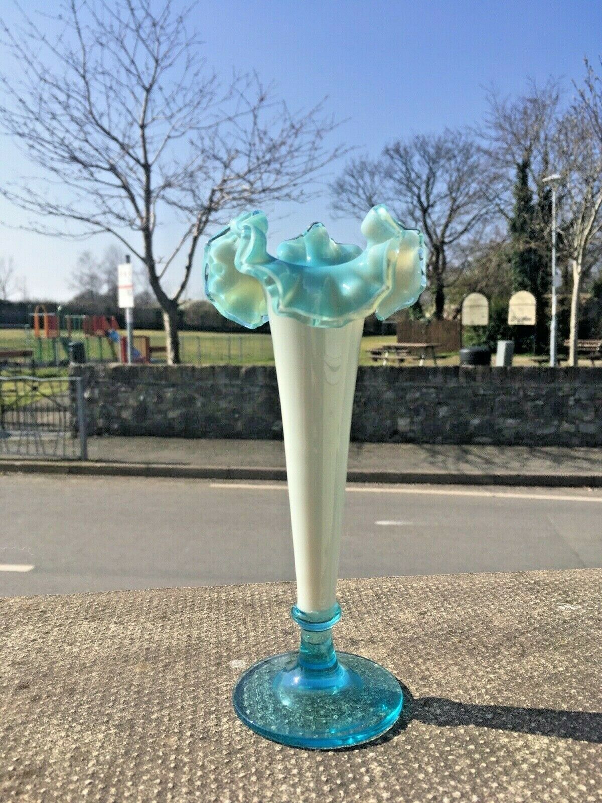 65.0 Antique 19th C Victorian Blue Milk Vaseline Glass Opalescent Ruffled Bud Vase photo