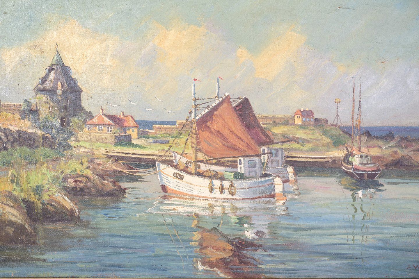 A Large Oil Painting On Canvas With Motif Of Fishing Boats Near Shore From 1930s. photo furniture