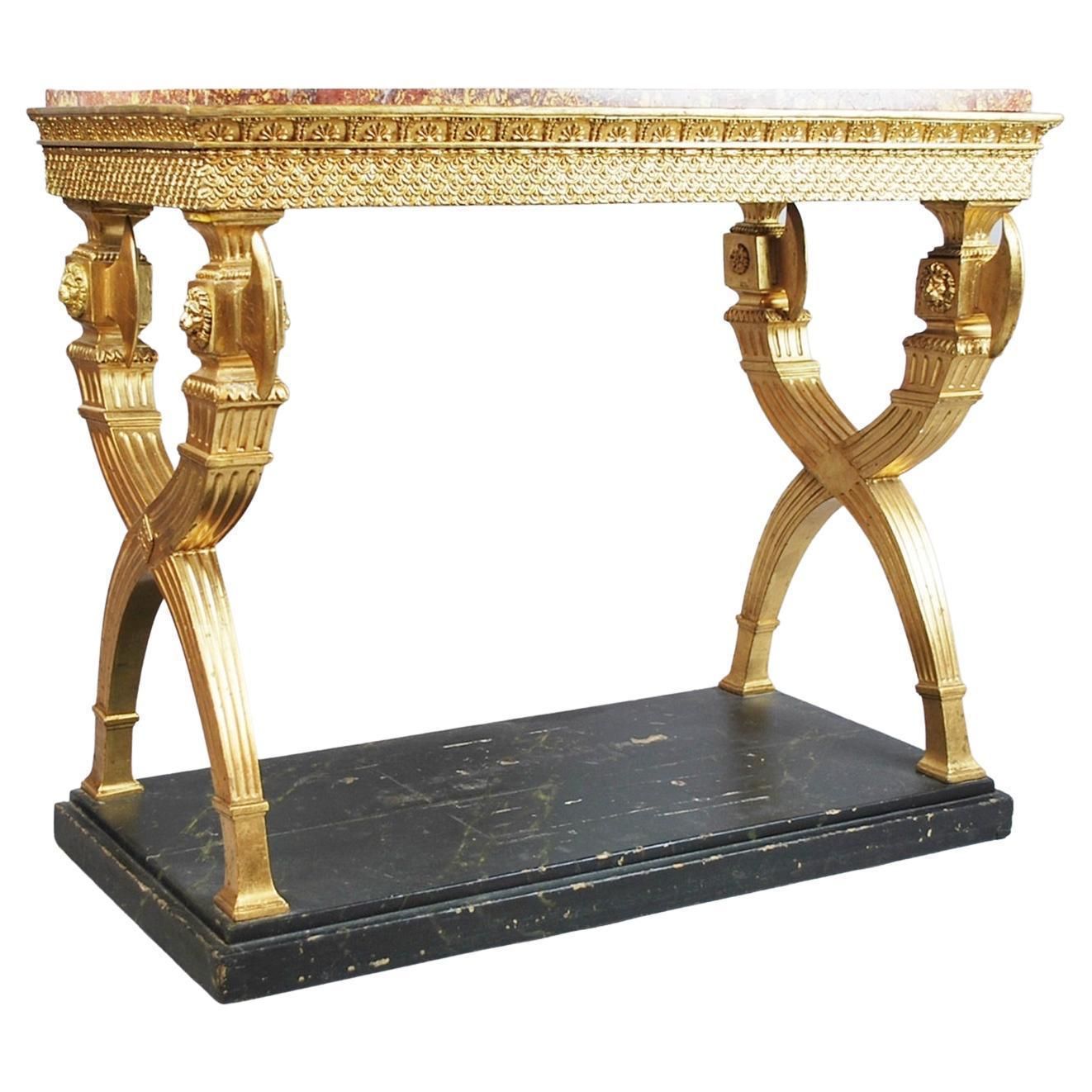 Console In Golden Wood And Marble Top, Sweden , Circa 1800