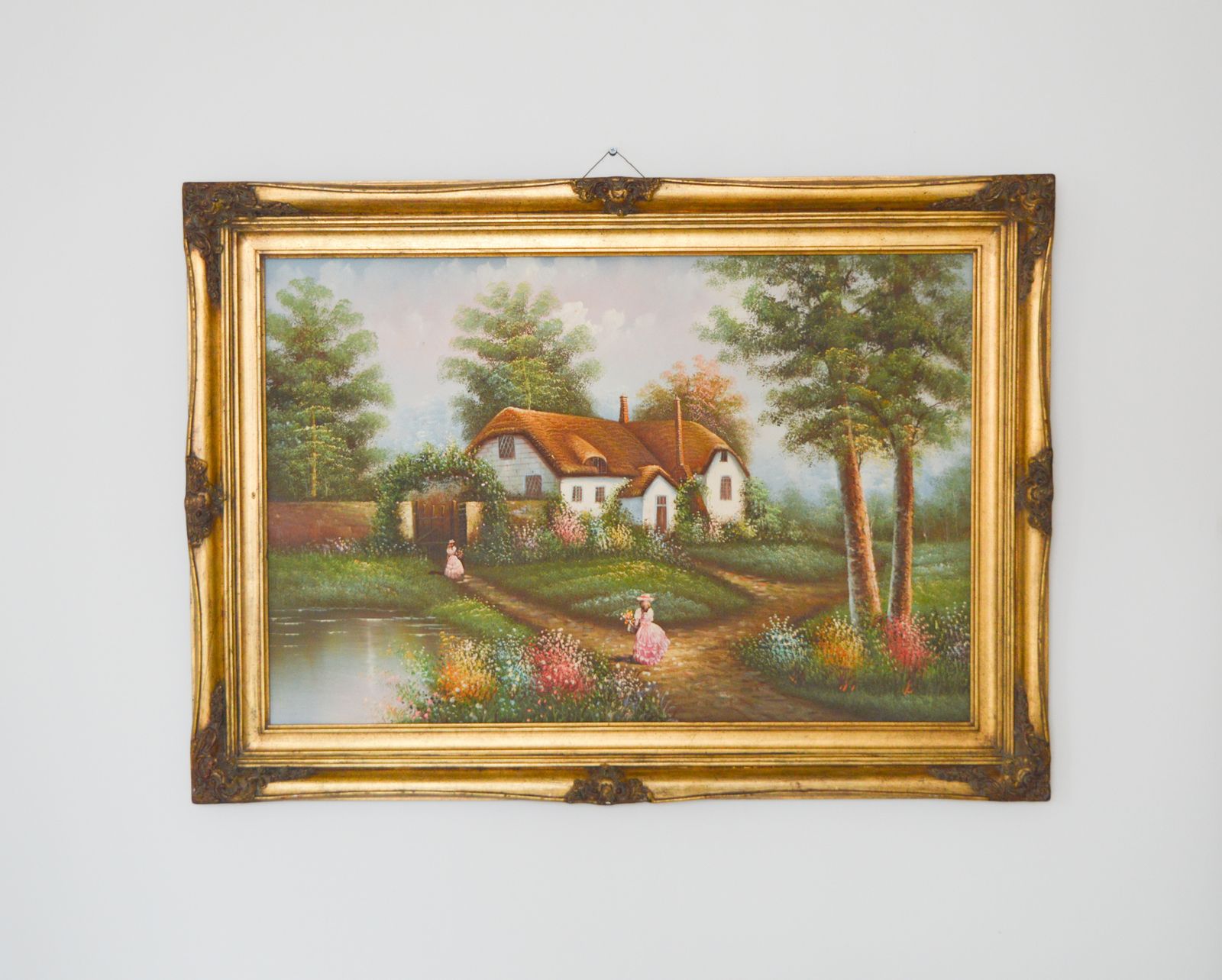 1960s Huge Oil Painting On Canvas, Ornate Gold Gilt Frame 110x80 Cm, Victorian Cottage Summer Garden, Ladies In Pink Dresses Picking Flowers