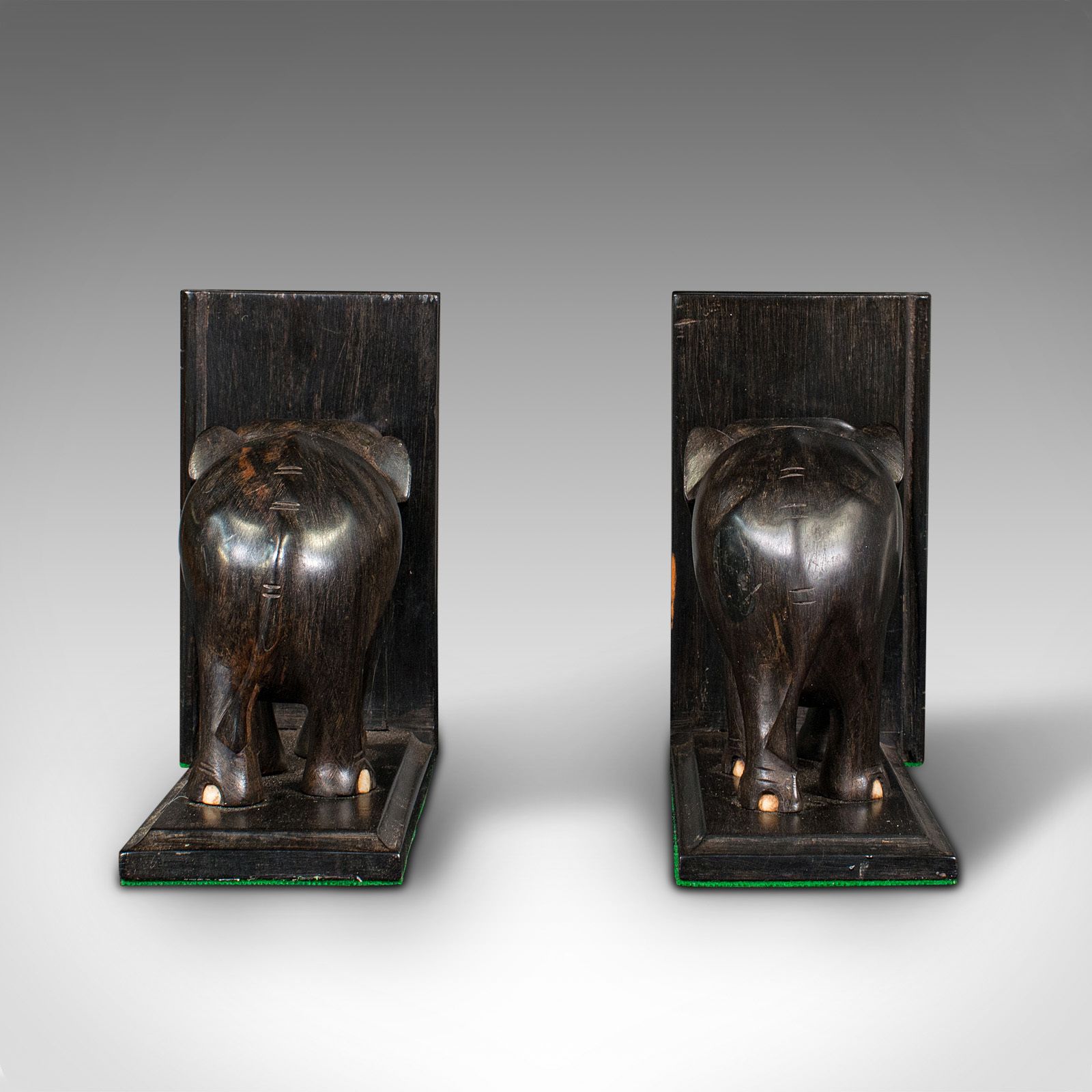 Pair Of Small Antique Elephant Bookends, Anglo Indian, Ebony, C.1890 photo for sale
