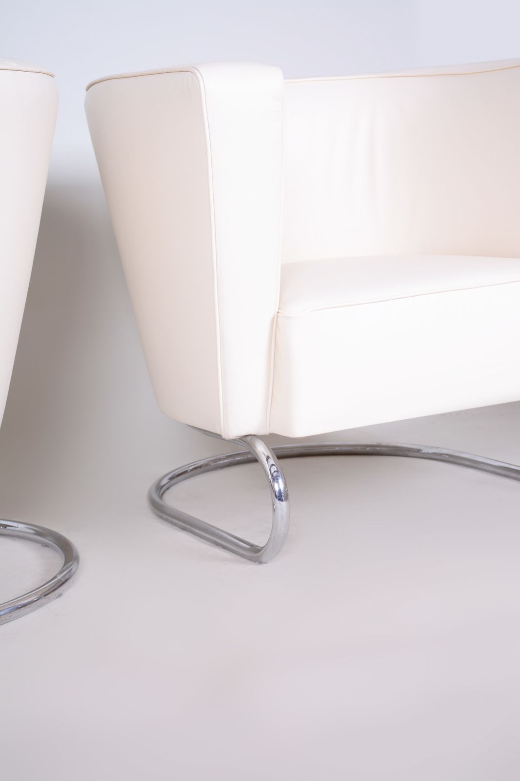 White Leather Halabala Armchairs Made In 1930s Czechia   Fully Restored photo furniture