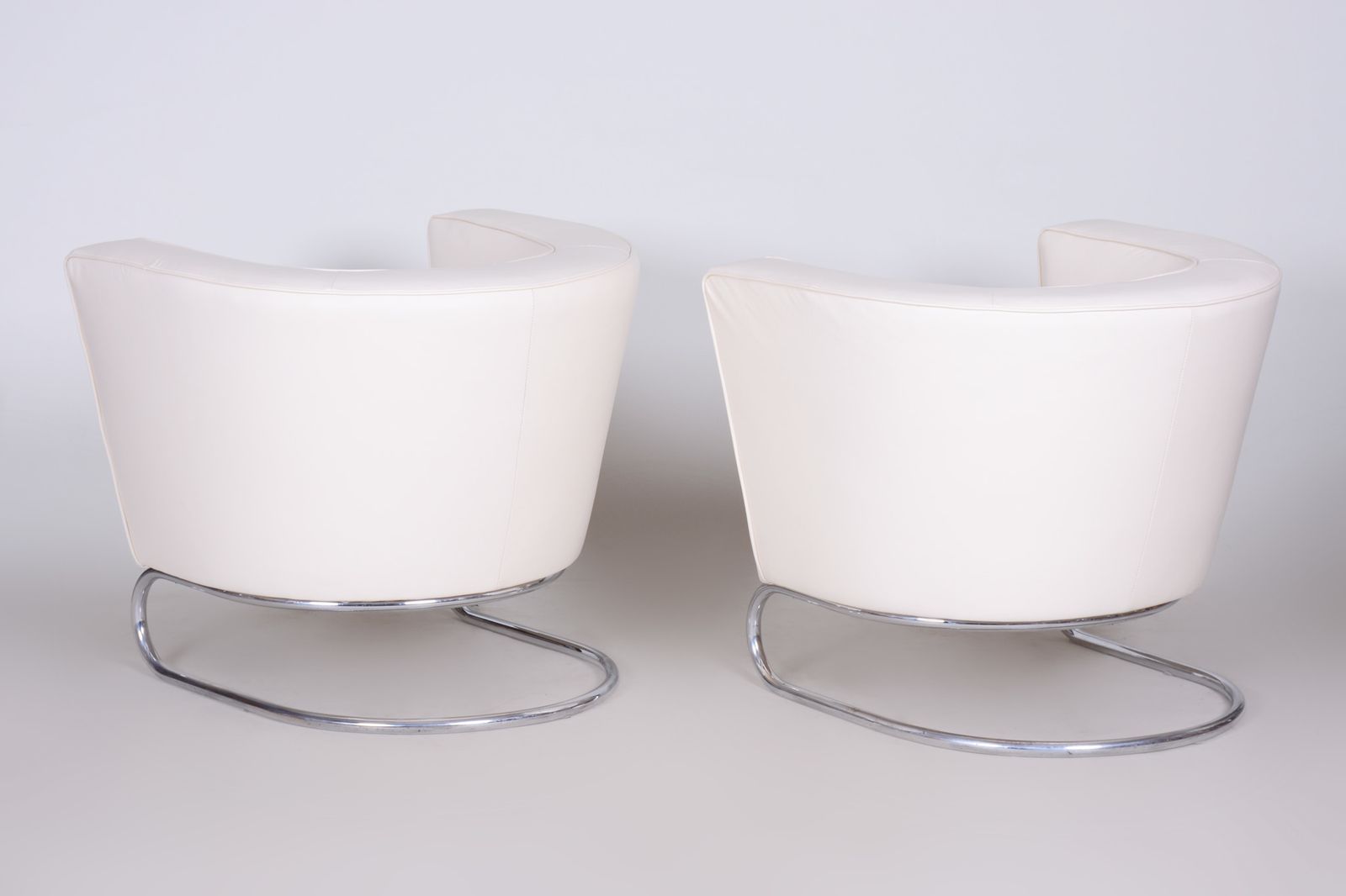 White Leather Halabala Armchairs Made In 1930s Czechia   Fully Restored photo for sale