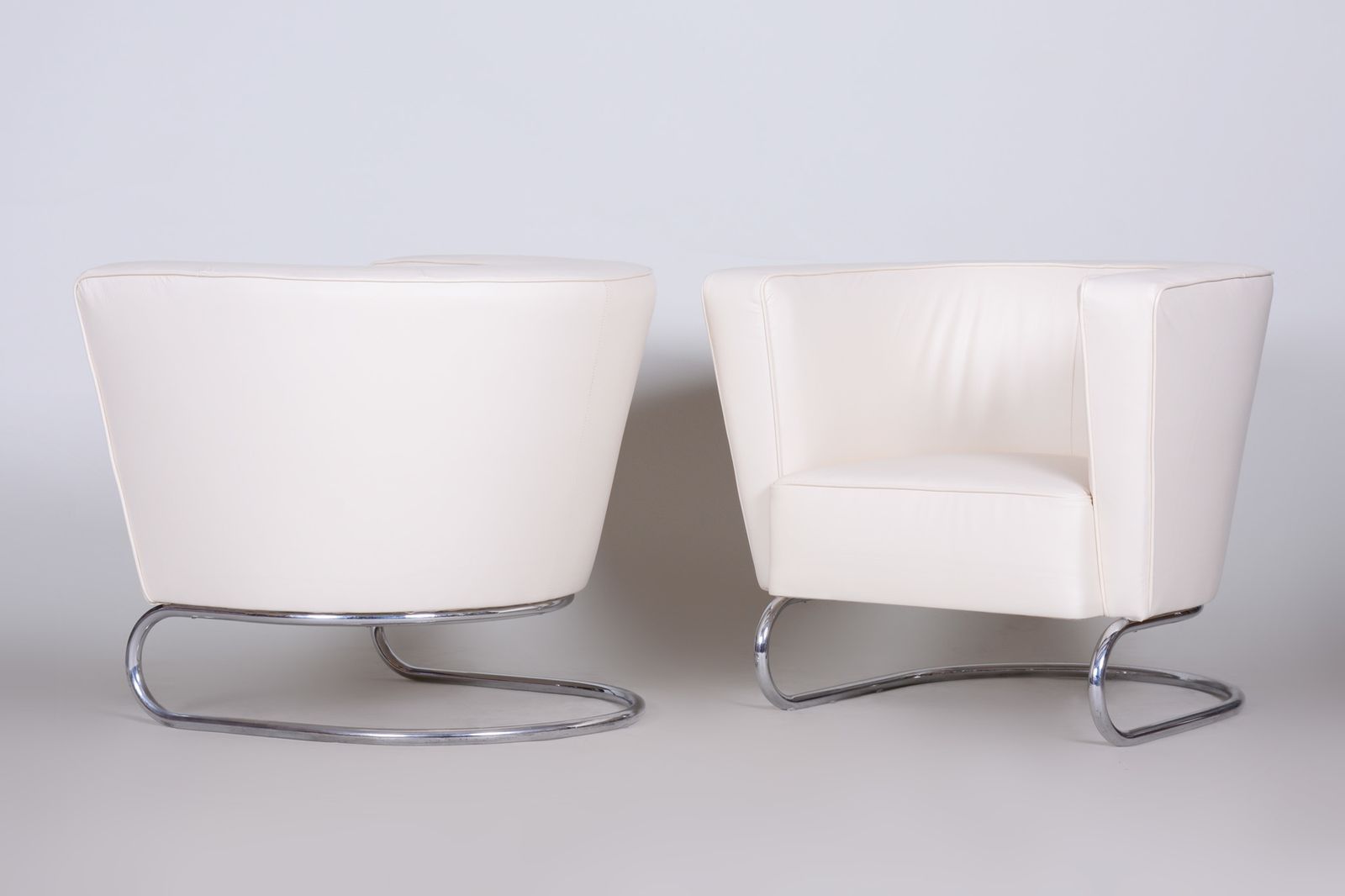photo furniture White Leather Halabala Armchairs Made In 1930s Czechia   Fully Restored