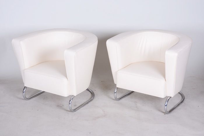 White Leather Halabala Armchairs Made In 1930s Czechia   Fully Restored